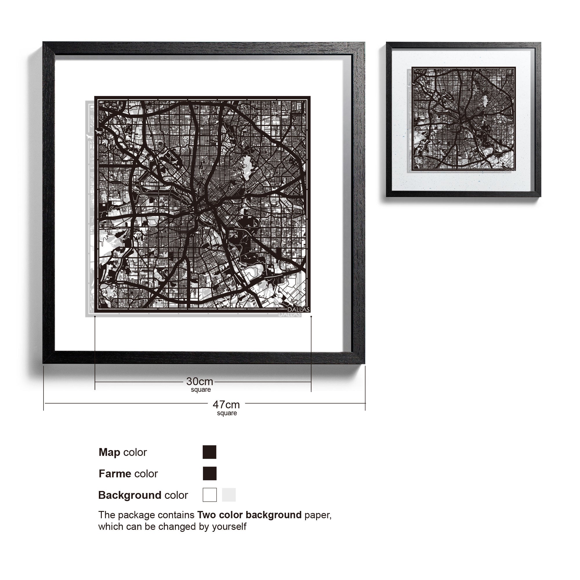 o3designstudio Dallas-Paper-cut-map-framed-18-inch-Black map / Black frame-45MF2015BB