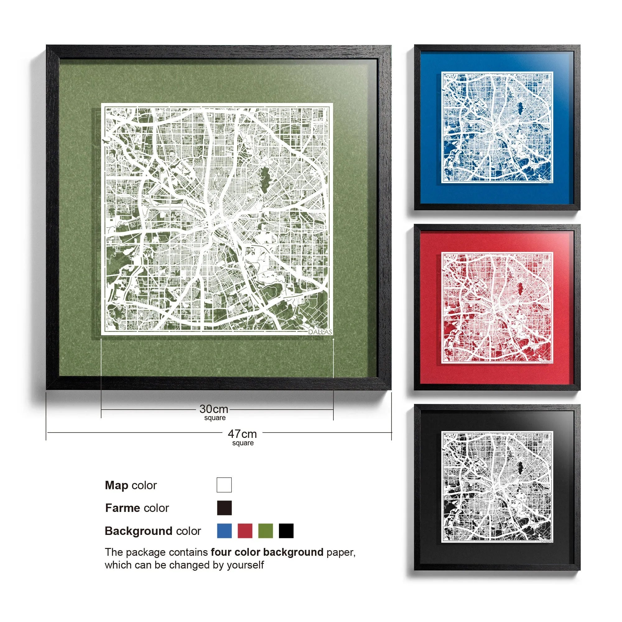 o3designstudio Dallas-Paper-cut-map-framed-18-inch-White map / Black frame-45MF2015BW