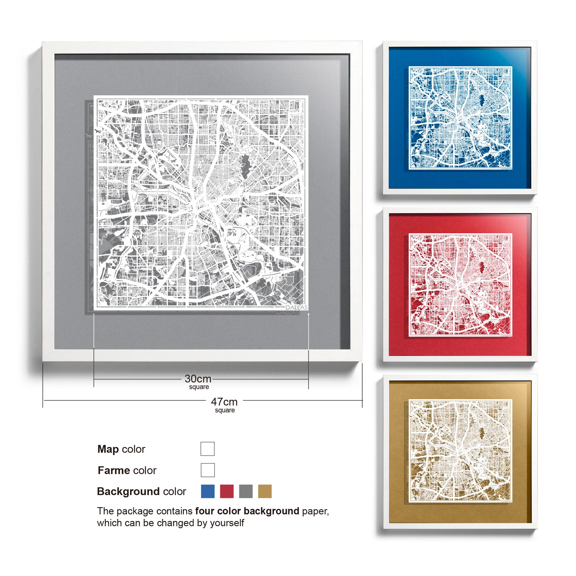o3designstudio Dallas-Paper-cut-map-framed-18-inch-White map / White frame-45MF2015WW