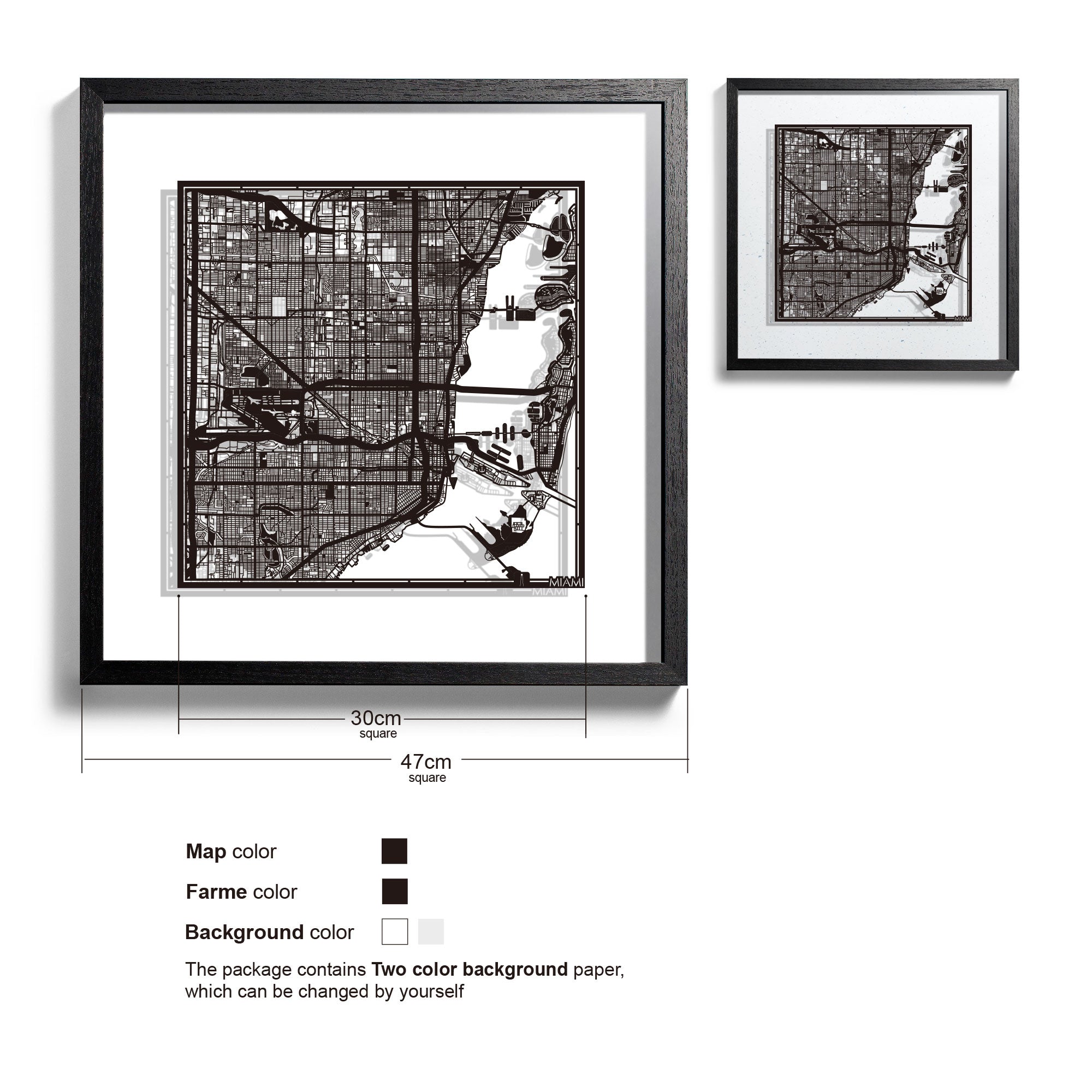o3designstudio Miami-Paper-cut-map-framed-18-inch-45MF2016BB