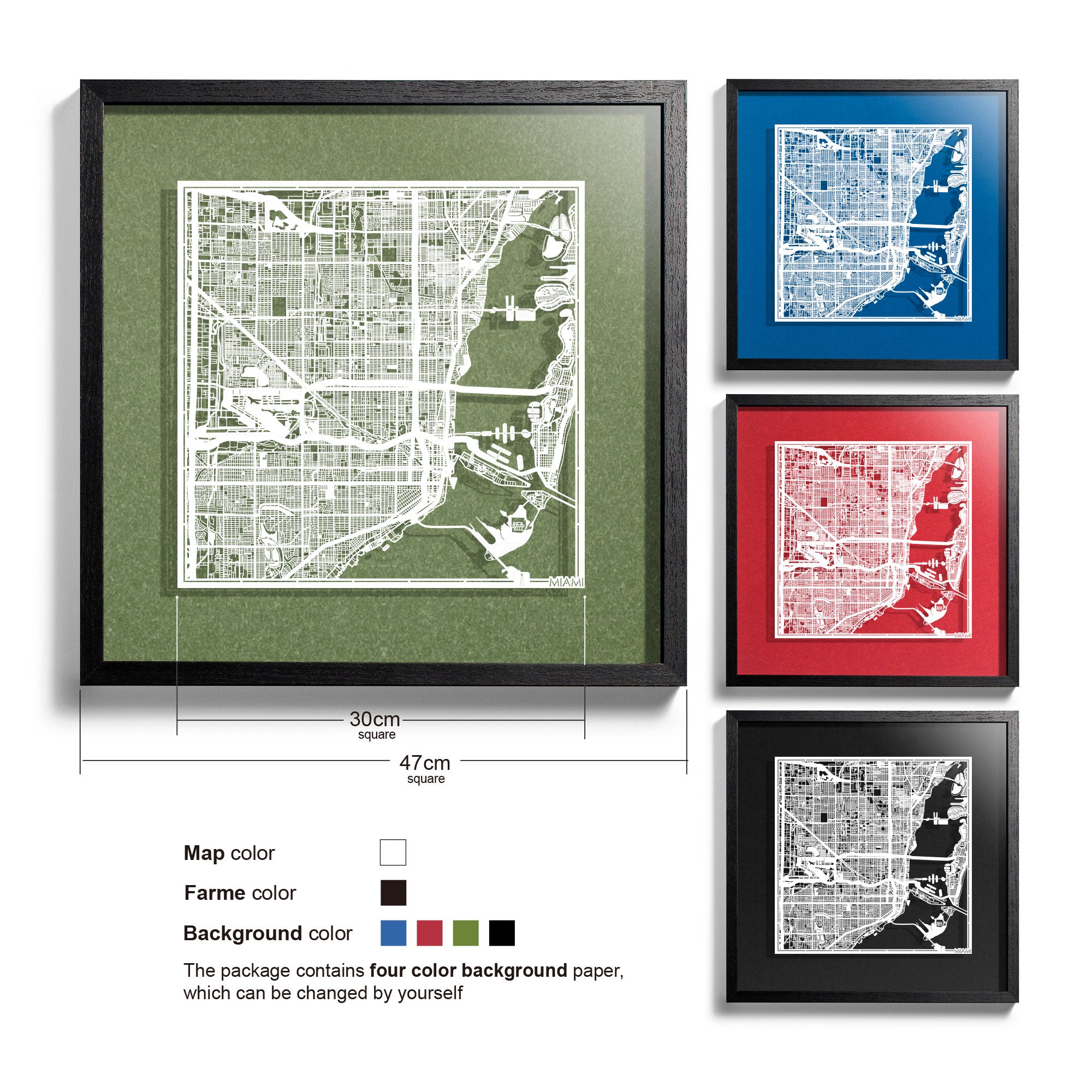 o3designstudio Miami-Paper-cut-map-framed-18-inch-45MF2016BW