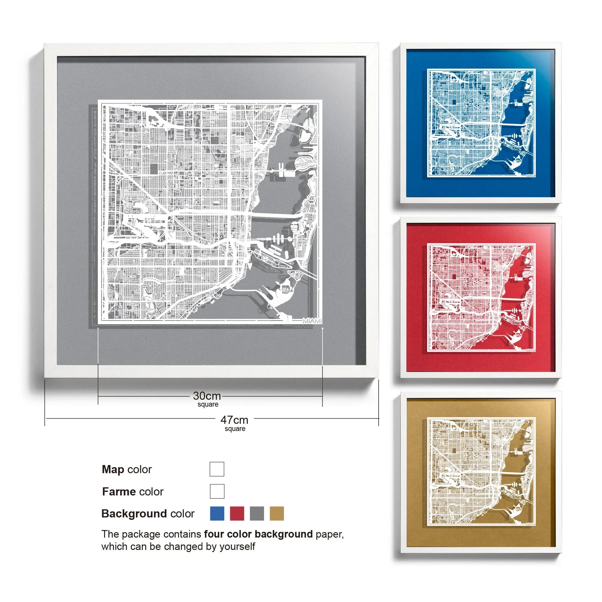 o3designstudio Miami-Paper-cut-map-framed-18-inch-45MF2016WW