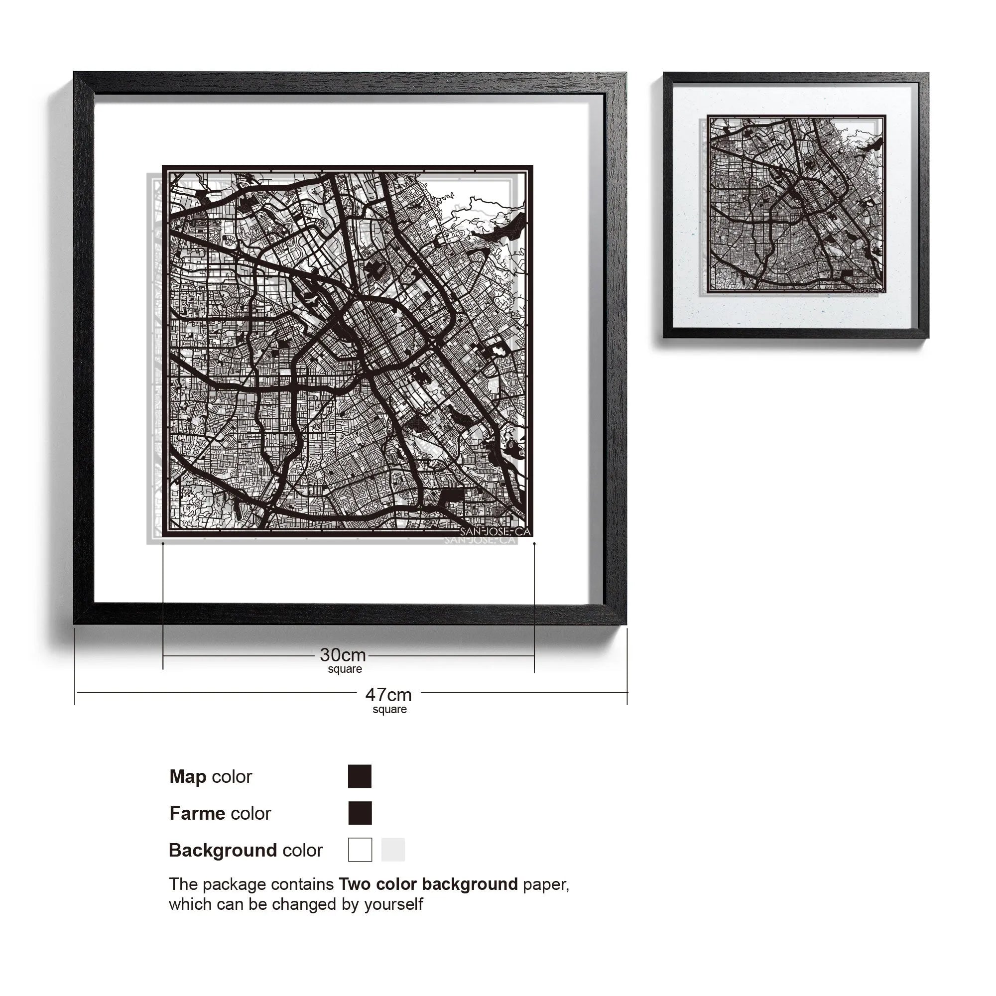 o3designstudio San Jose, CA-Paper-cut-map-framed-18-inch-Black map / Black frame-45MF2017BB