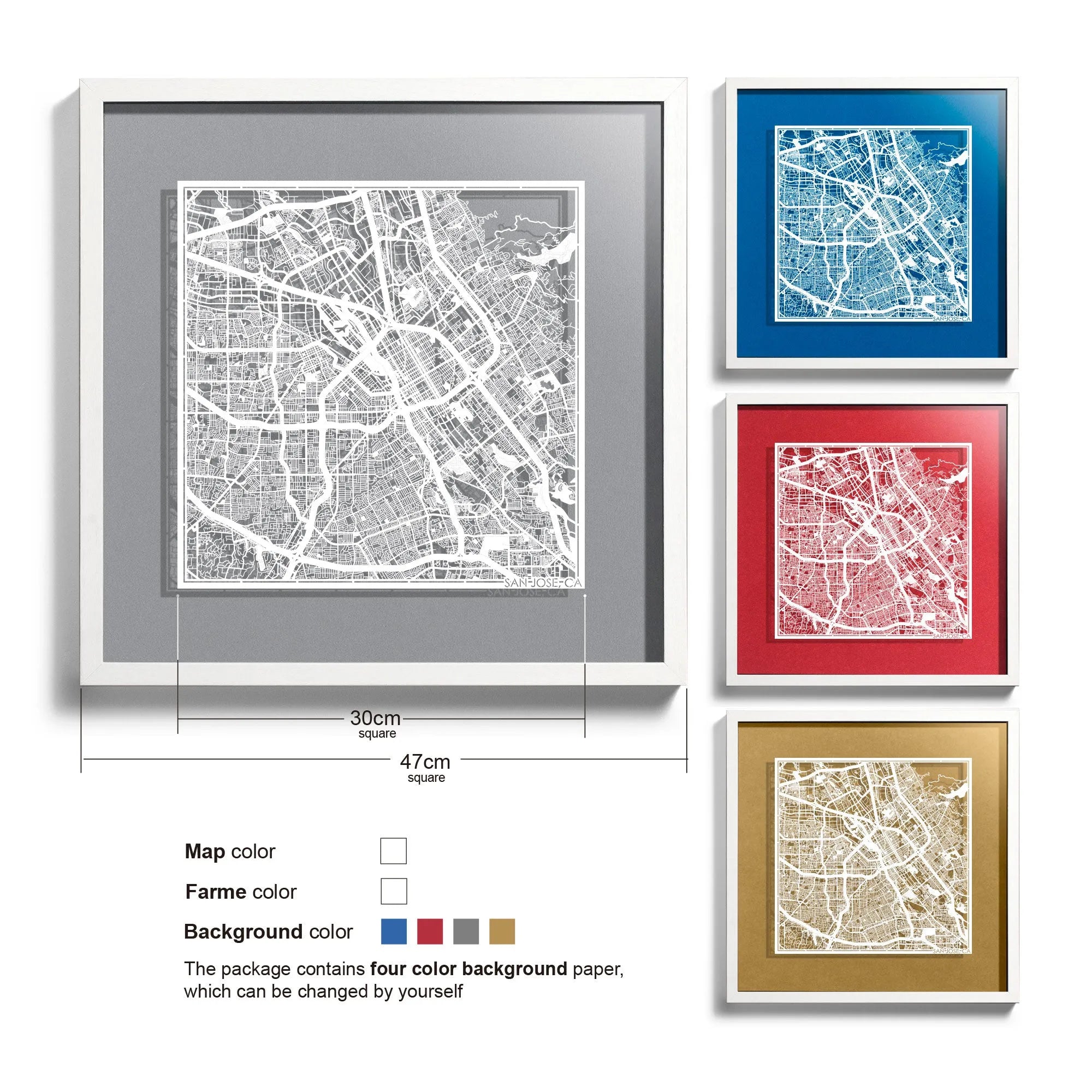 o3designstudio San Jose, CA-Paper-cut-map-framed-18-inch-White map / White frame-45MF2017WW