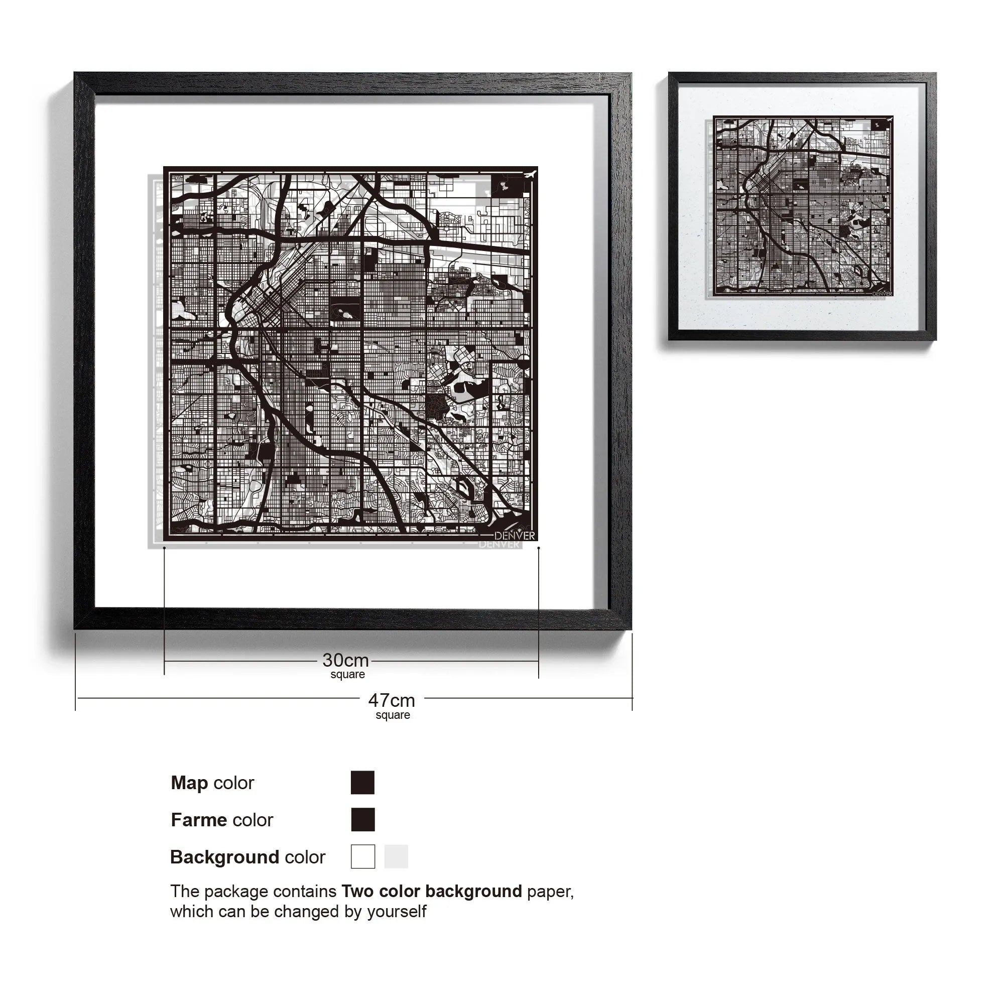 o3designstudio Denver-Paper-cut-map-framed-18-inch-Black map / Black frame-45MF2018BB