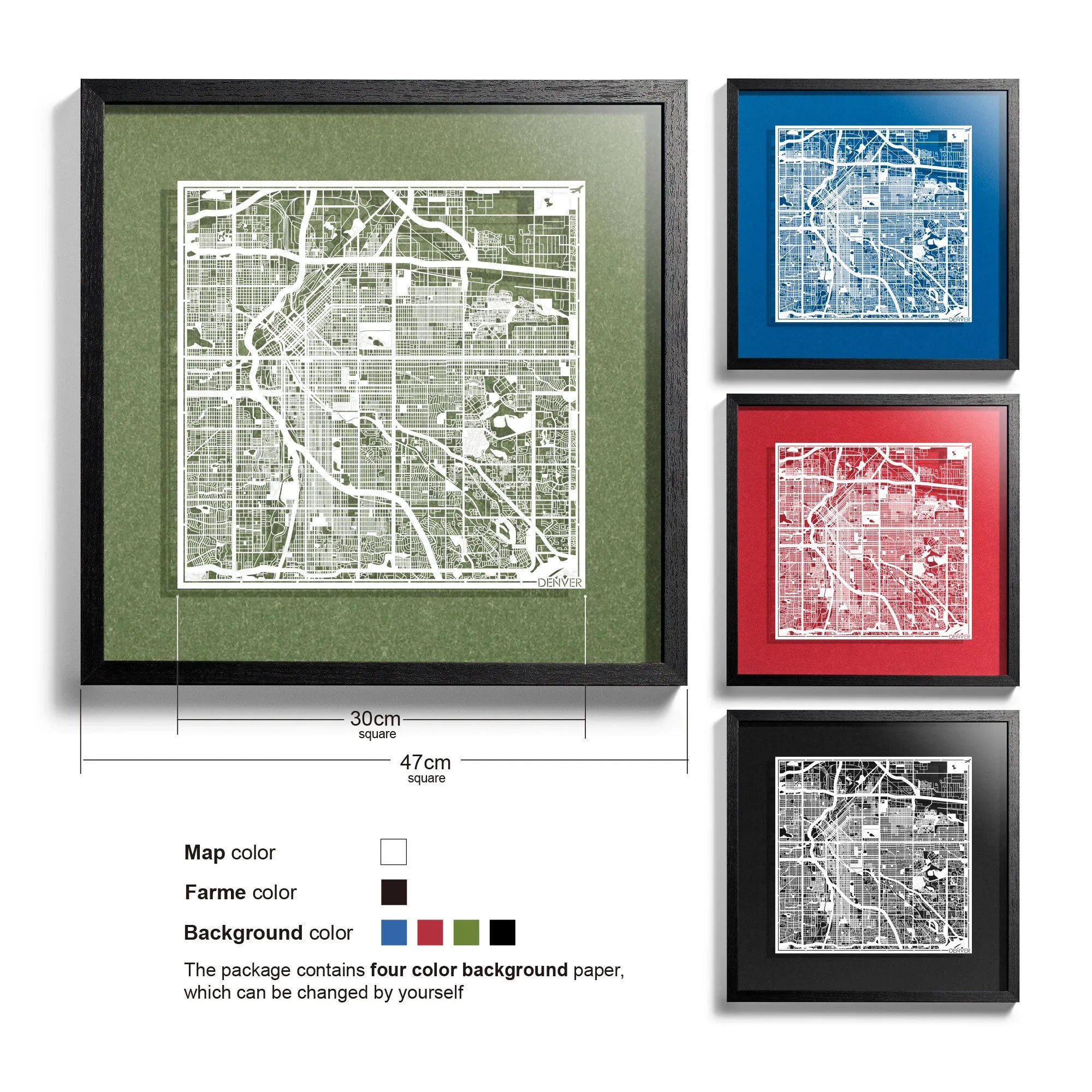 o3designstudio Denver-Paper-cut-map-framed-18-inch-White map / Black frame-45MF2018BW