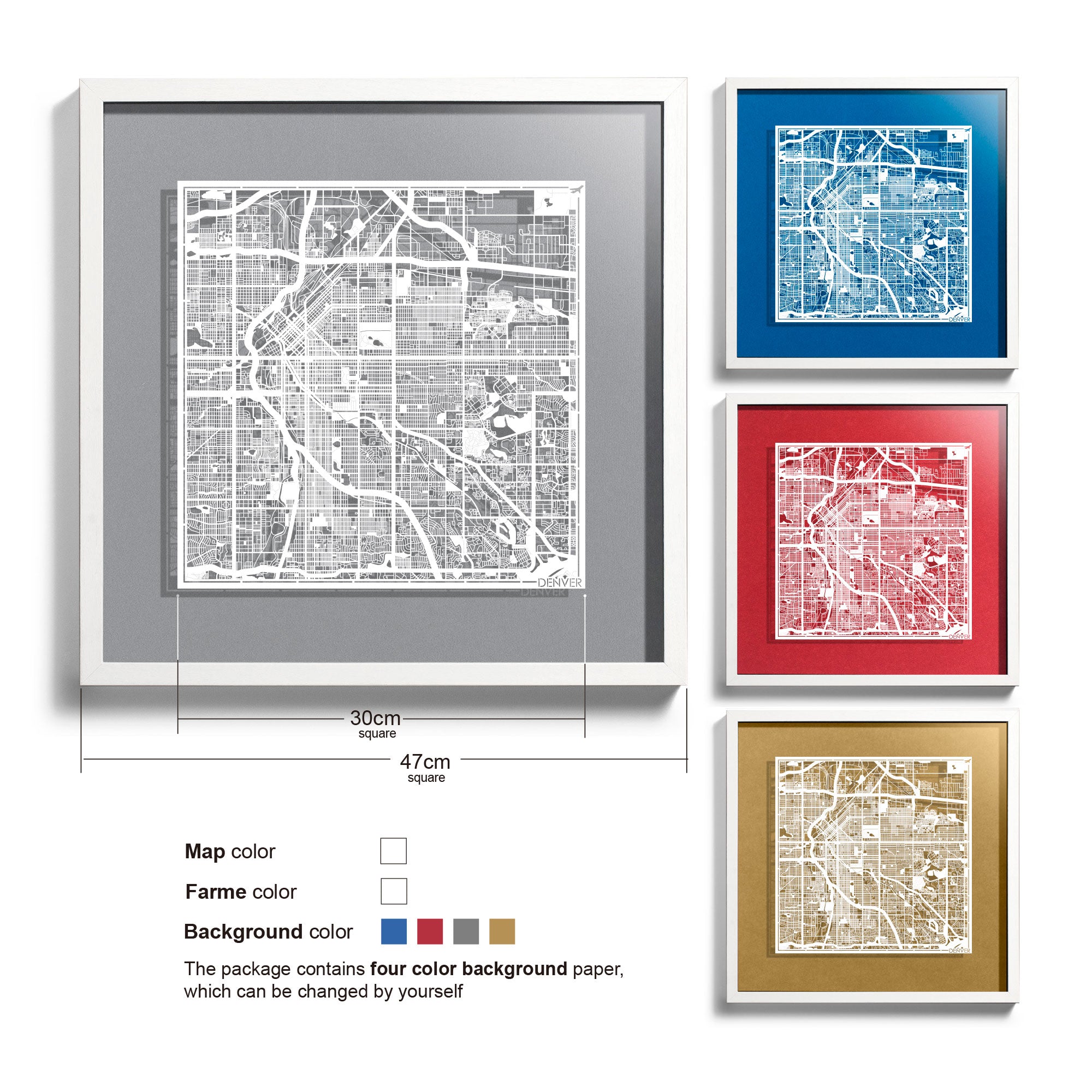 o3designstudio Denver-Paper-cut-map-framed-18-inch-White map / White frame-45MF2018WW