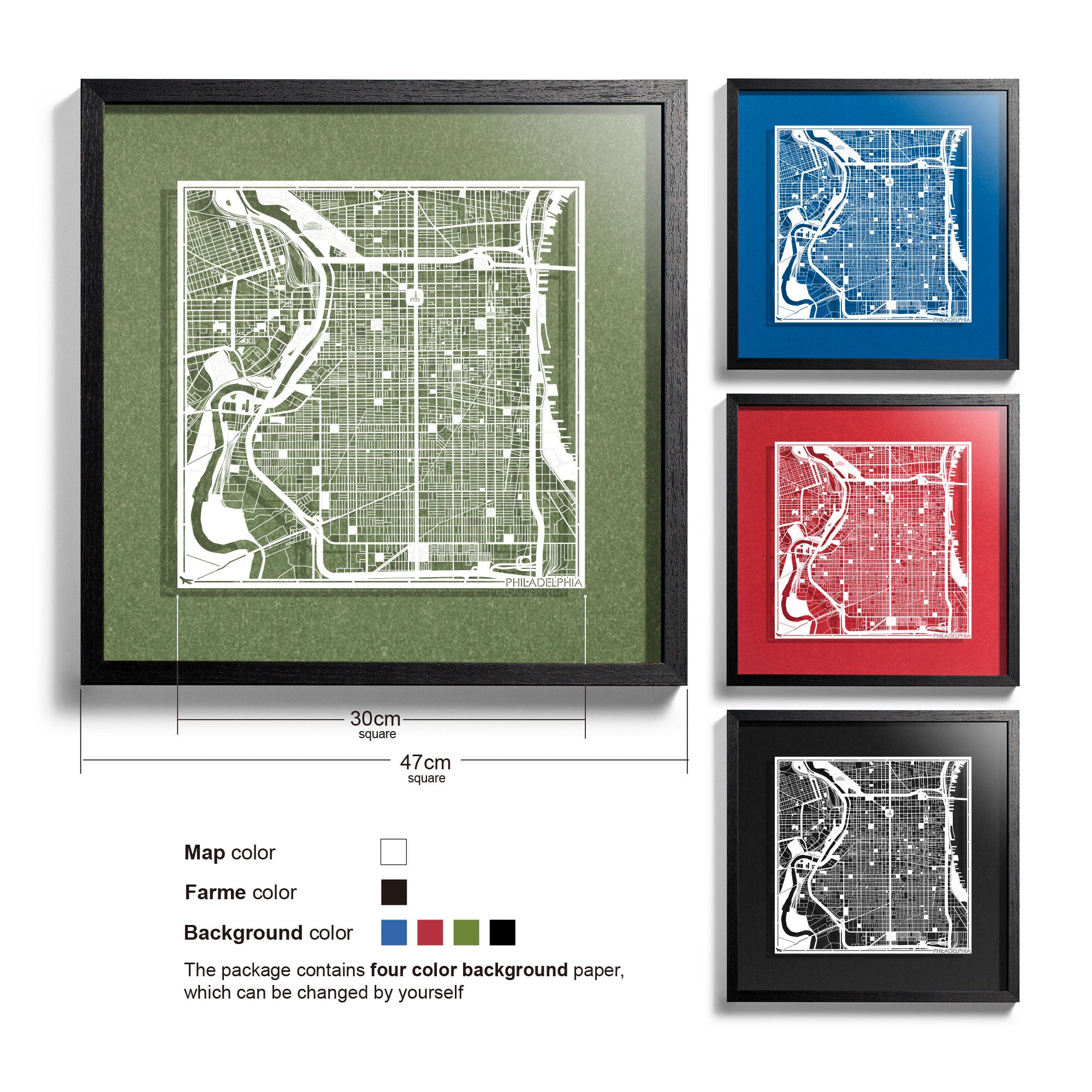 o3designstudio Philadelphia-Paper-cut-map-framed-18-inch-45MF2019BW