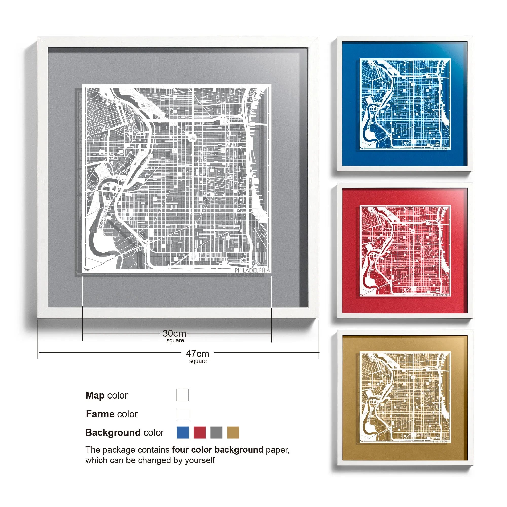 o3designstudio Philadelphia-Paper-cut-map-framed-18-inch-45MF2019WW