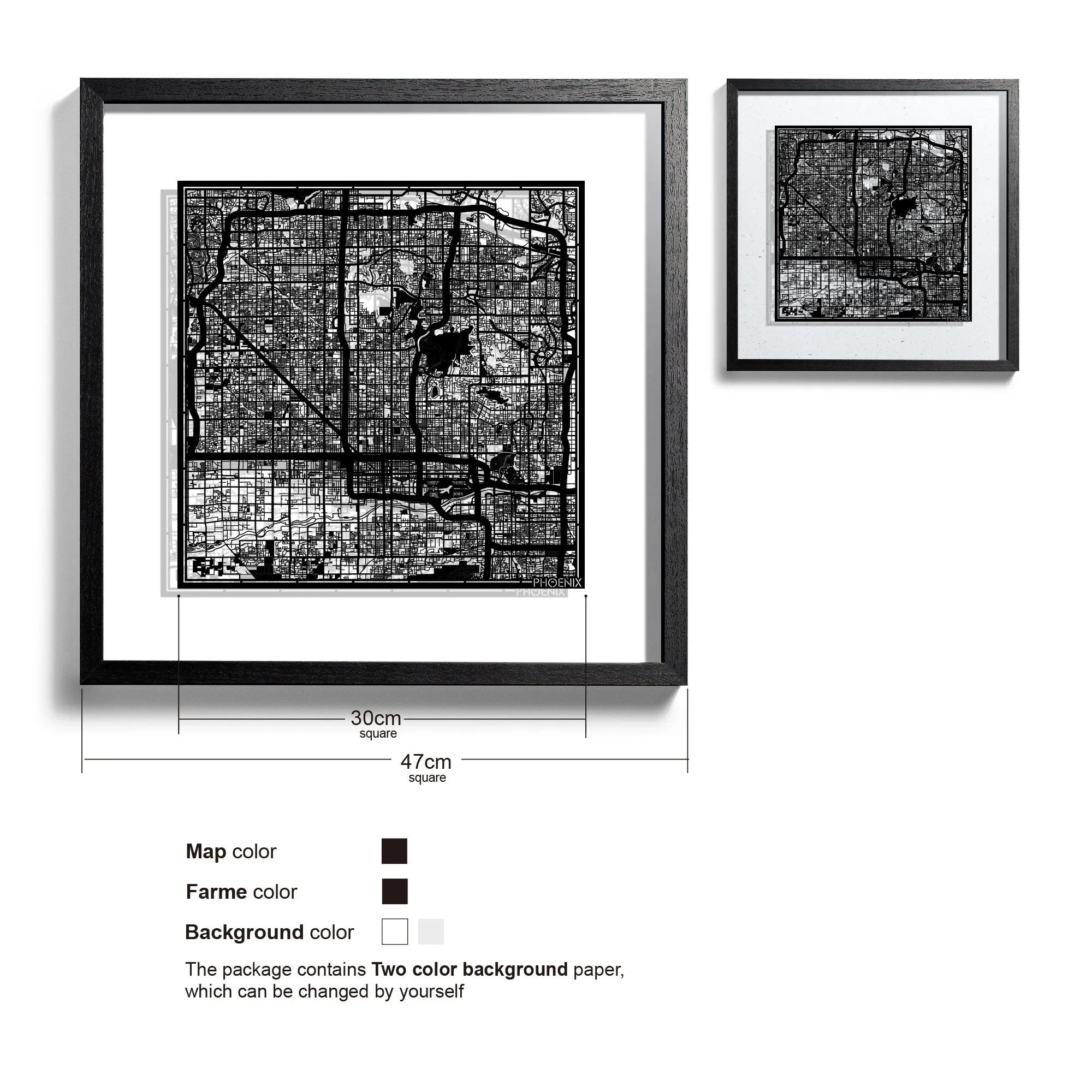 o3designstudio Phoenix-Paper-cut-map-framed-18-inch-Black map / Black frame-45MF2020BB