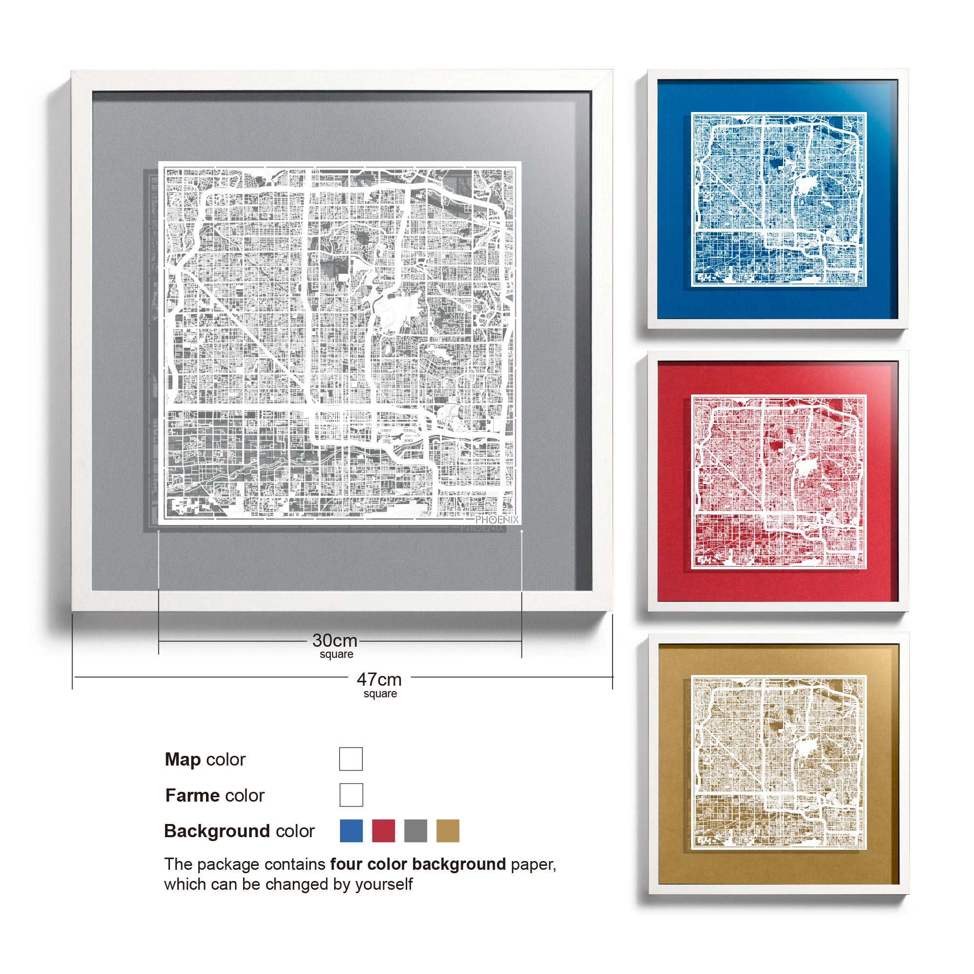 o3designstudio Phoenix-Paper-cut-map-framed-18-inch-White map / White frame-45MF2020WW