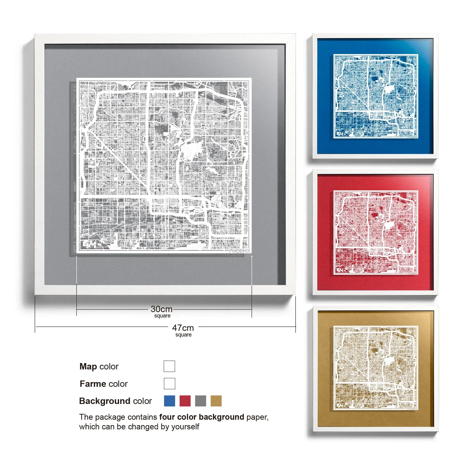 o3designstudio Phoenix-Paper-cut-map-framed-18-inch-White map / White frame-45MF2020WW