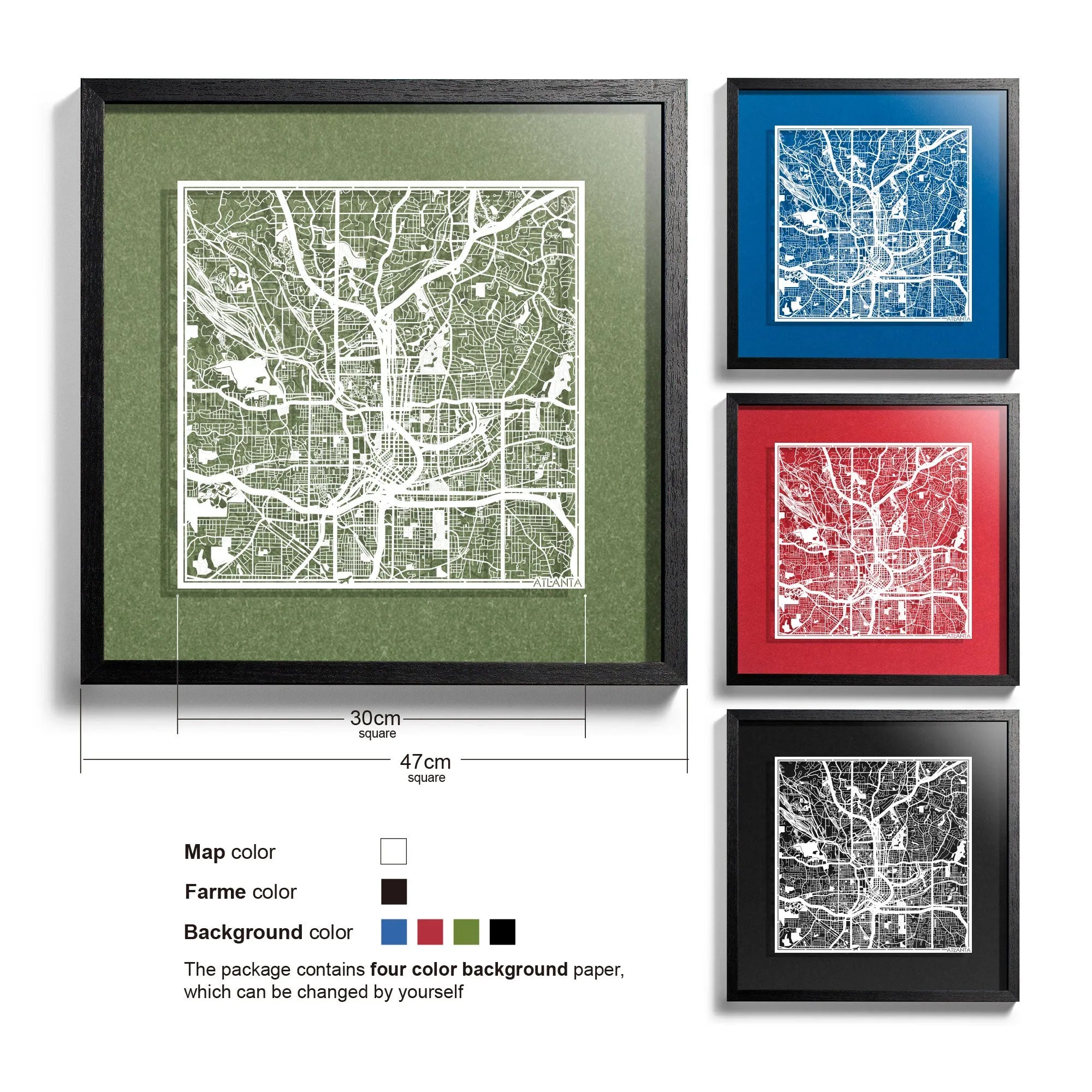 o3designstudio Atlanta-Paper-cut-map-framed-18-inch-45MF2021BW