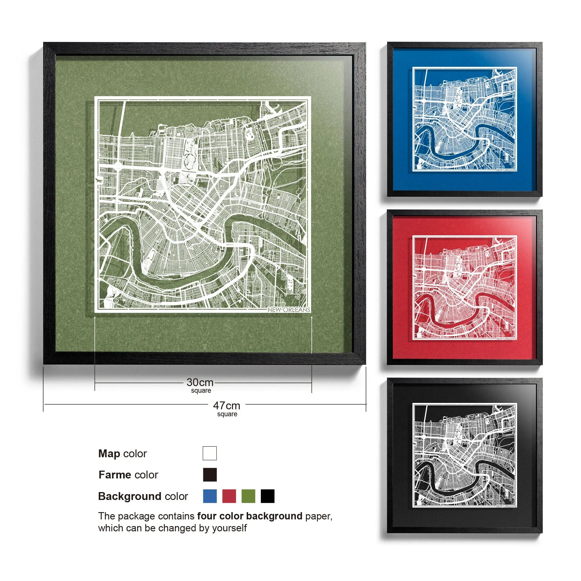 o3designstudio New Orleans-Paper-cut-map-framed-18-inch-45MF2022BW