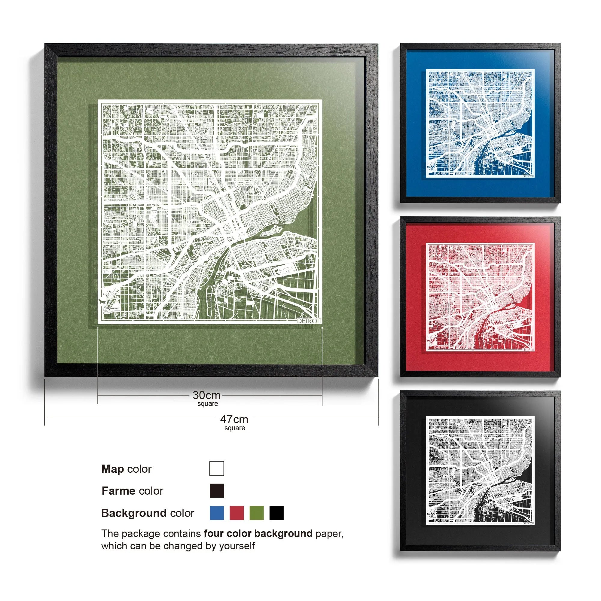 o3designstudio Detroit-Paper-cut-map-framed-18-inch-45MF2023BW