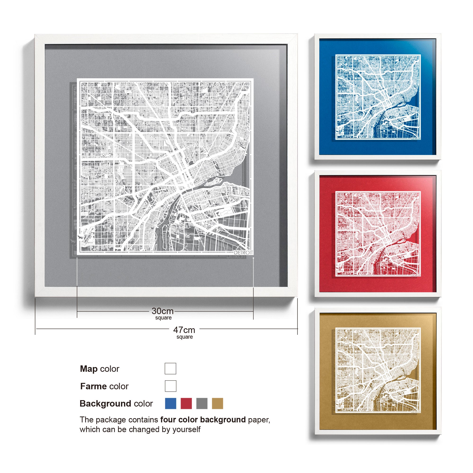o3designstudio Detroit-Paper-cut-map-framed-18-inch-45MF2023WW