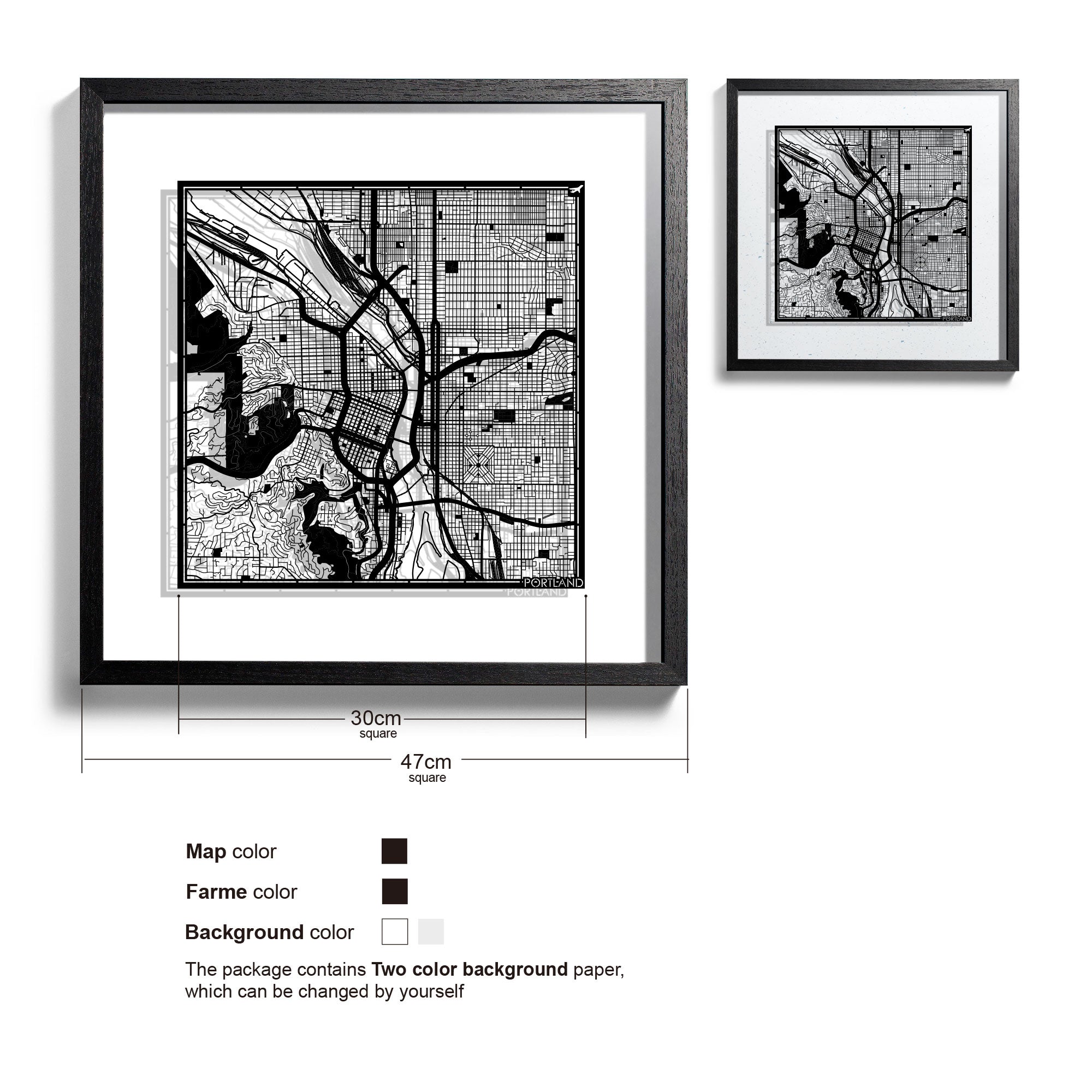 o3designstudio Portland-Paper-cut-map-framed-18-inch-Black map / Black frame-45MF2024BB