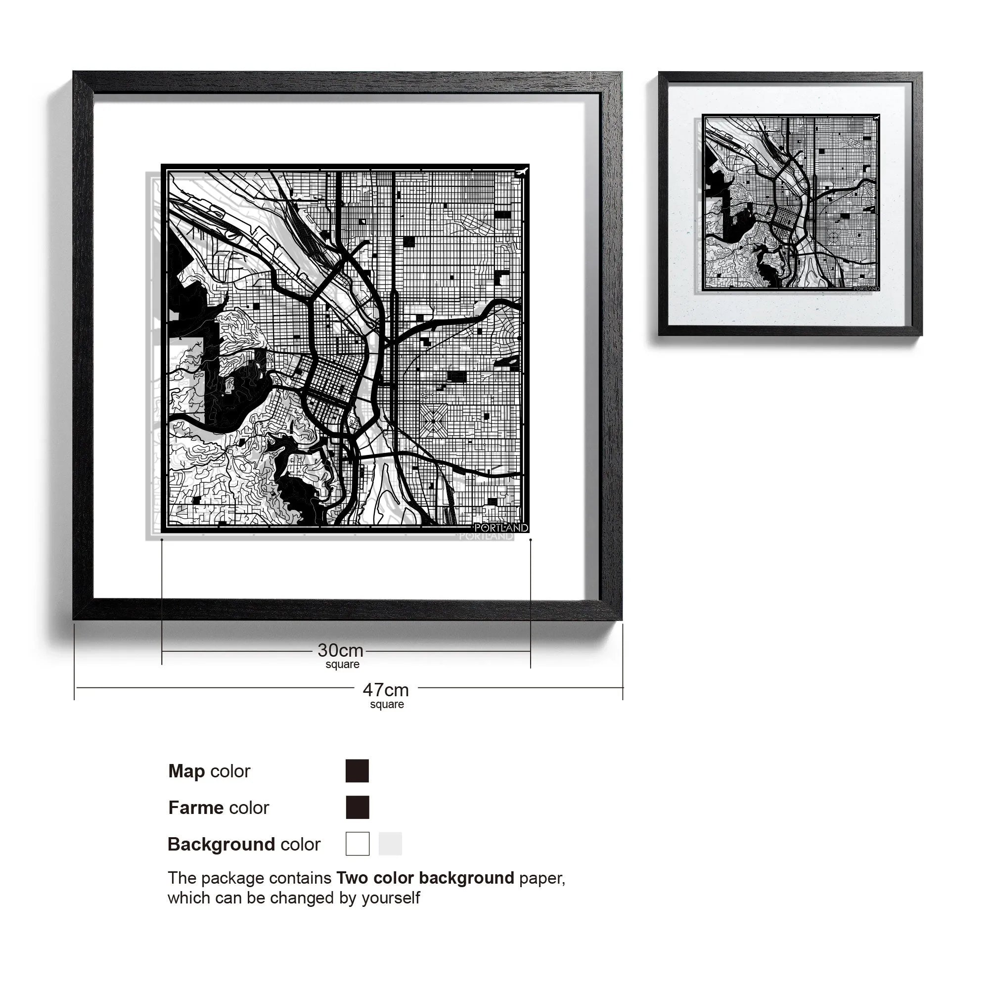 o3designstudio Portland-Paper-cut-map-framed-18-inch-Black map / Black frame-45MF2024BB