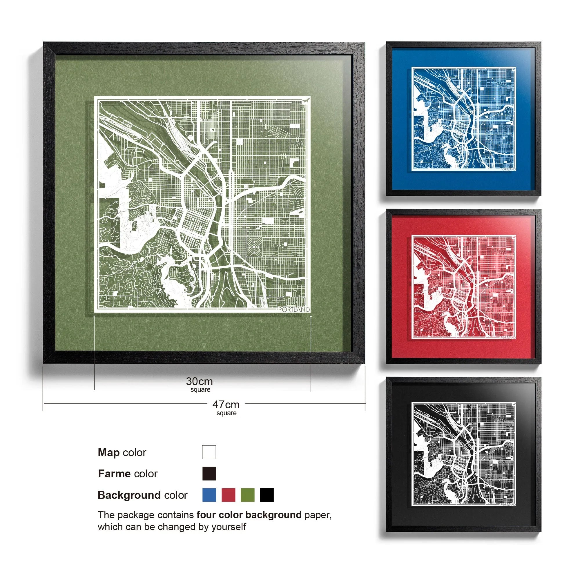 o3designstudio Portland-Paper-cut-map-framed-18-inch-White map / Black frame-45MF2024BW