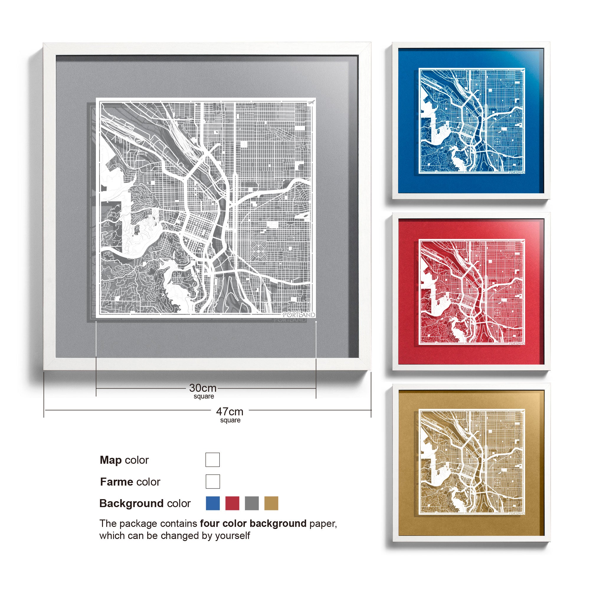 o3designstudio Portland-Paper-cut-map-framed-18-inch-White map / White frame-45MF2024WW