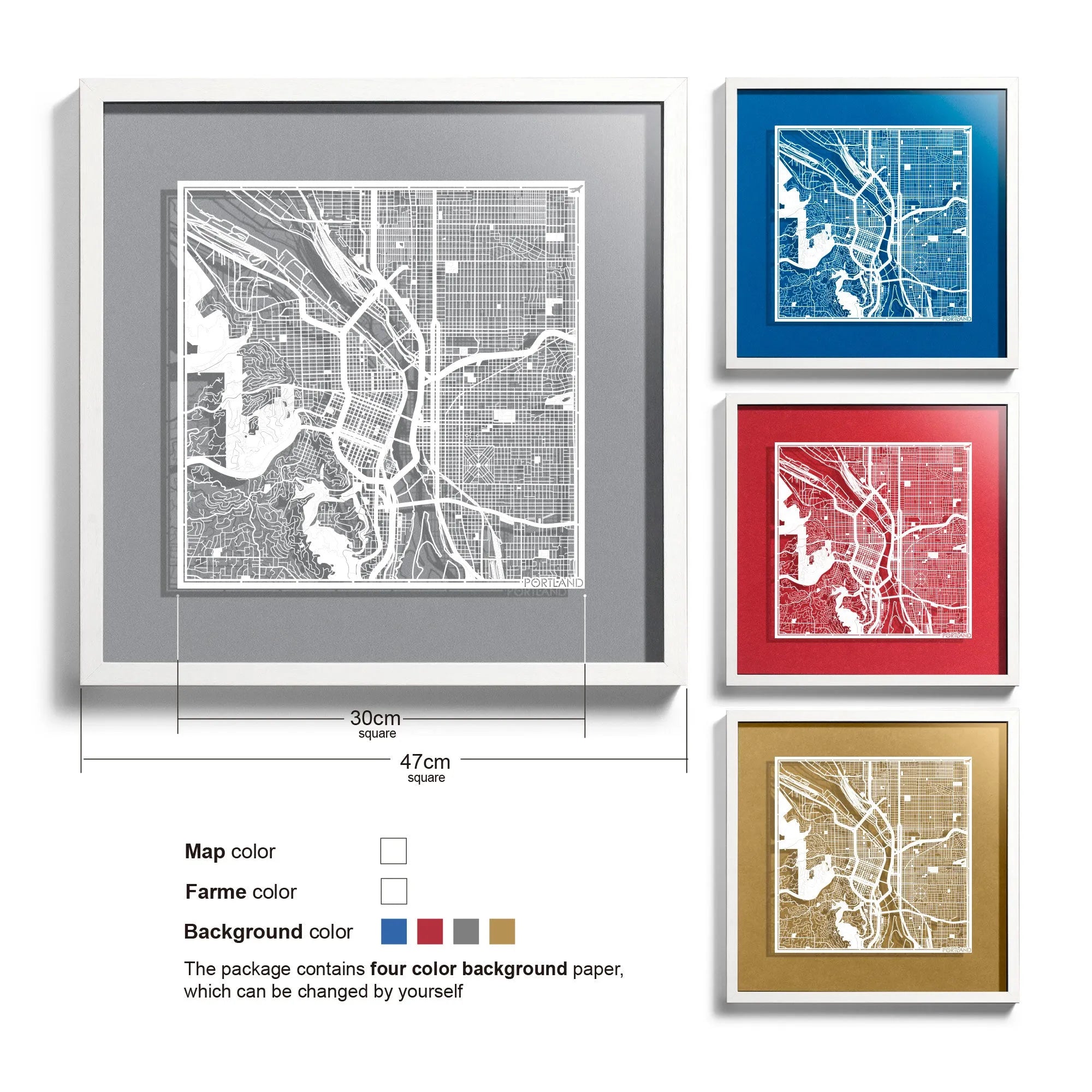 o3designstudio Portland-Paper-cut-map-framed-18-inch-White map / White frame-45MF2024WW
