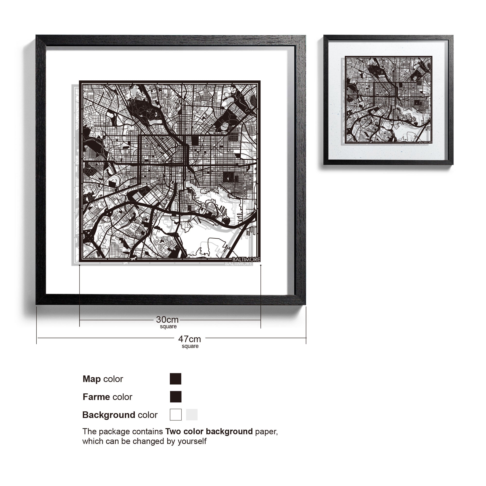 o3designstudio Baltimore-Paper-cut-map-framed-18-inch-45MF2025BB