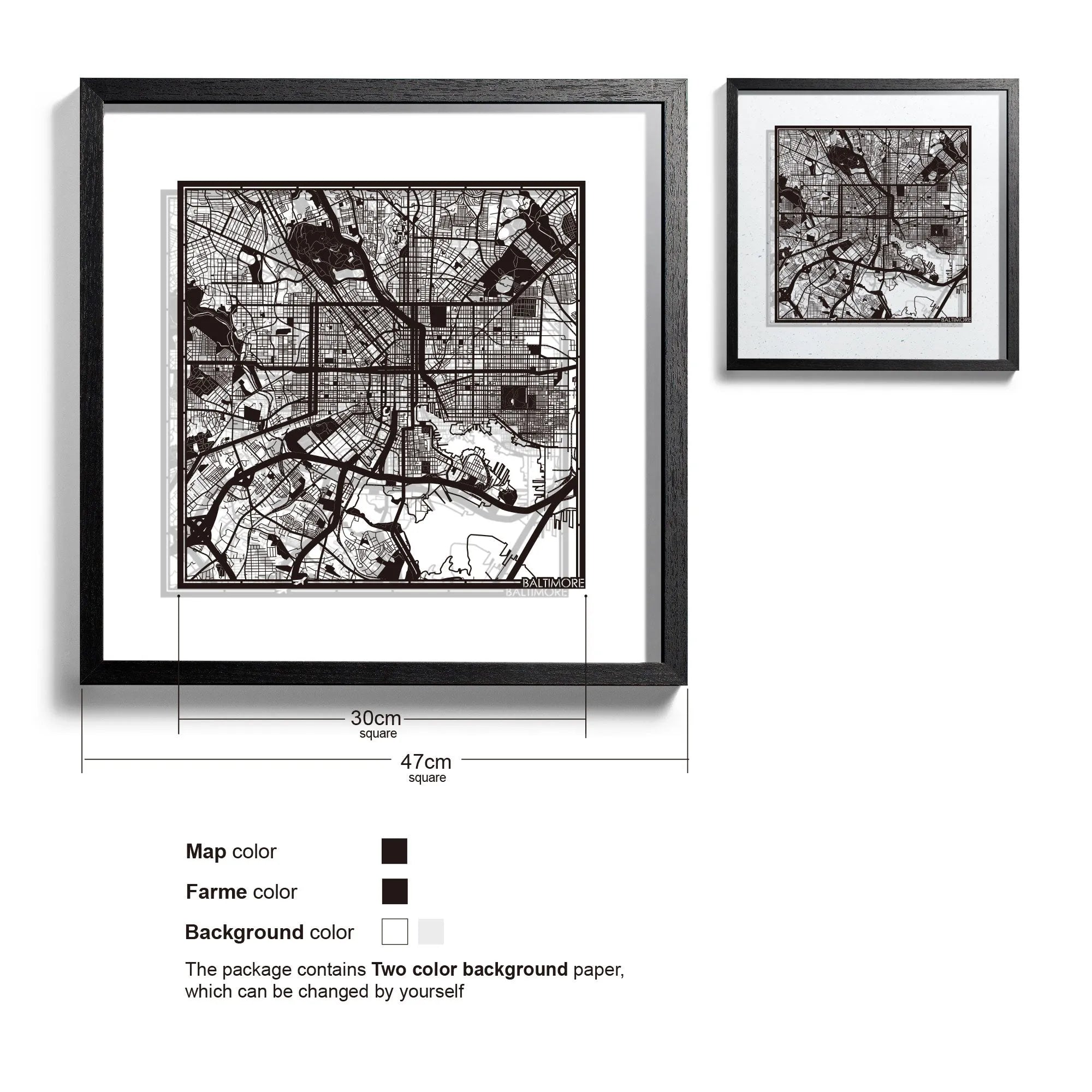 o3designstudio Baltimore-Paper-cut-map-framed-18-inch-45MF2025BB