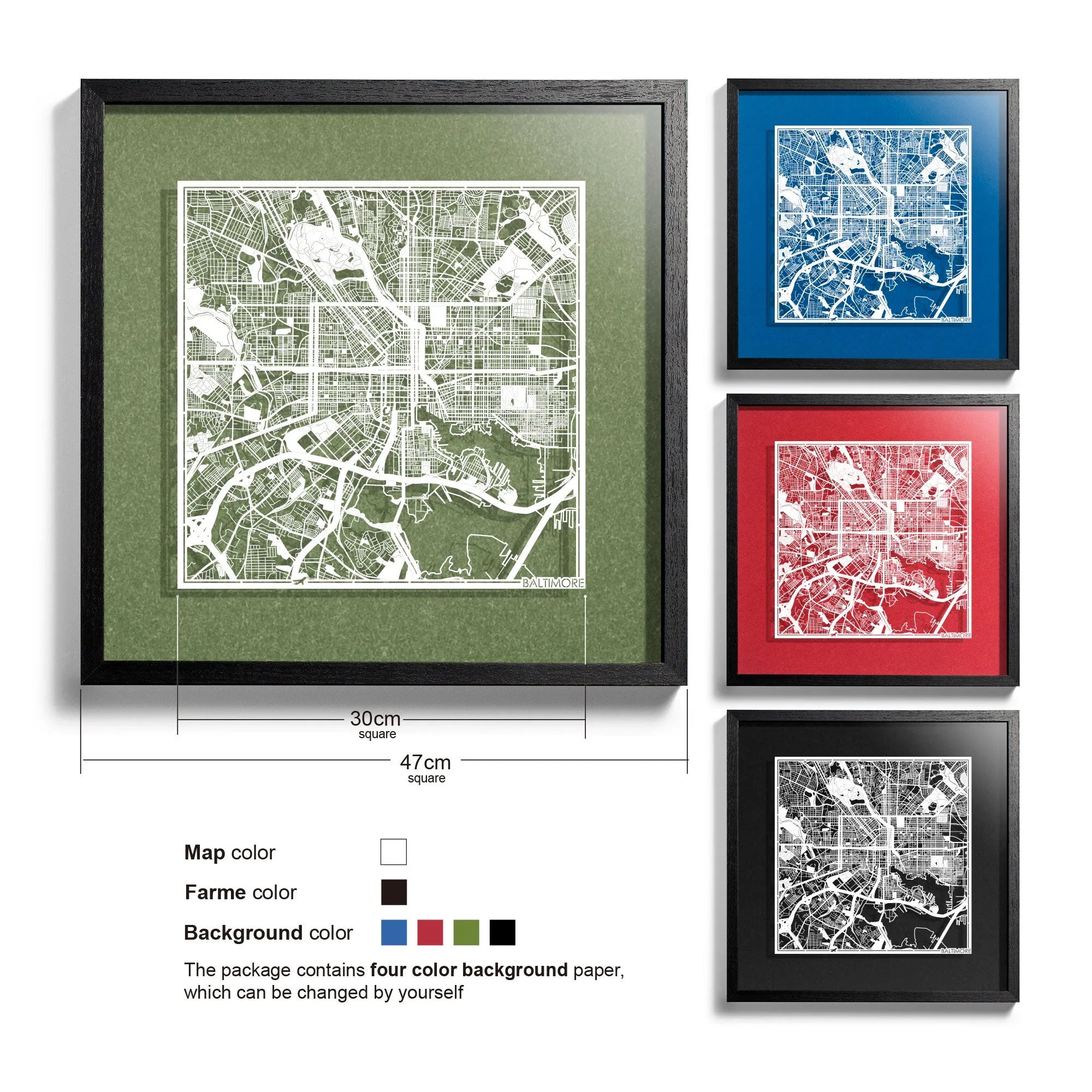o3designstudio Baltimore-Paper-cut-map-framed-18-inch-45MF2025BW