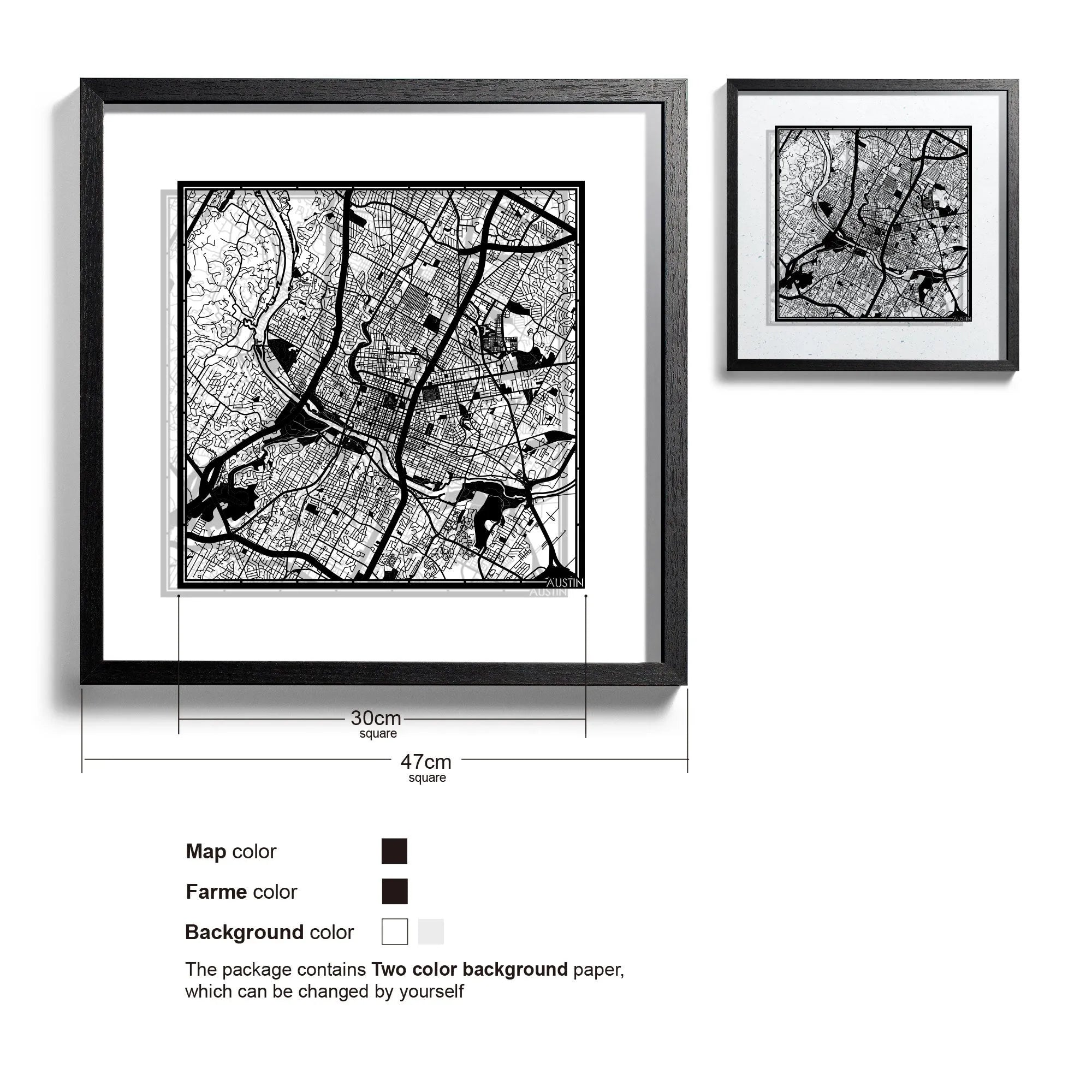 o3designstudio Austin-Paper-cut-map-framed-18-inch-Black map / Black frame-45MF2026BB