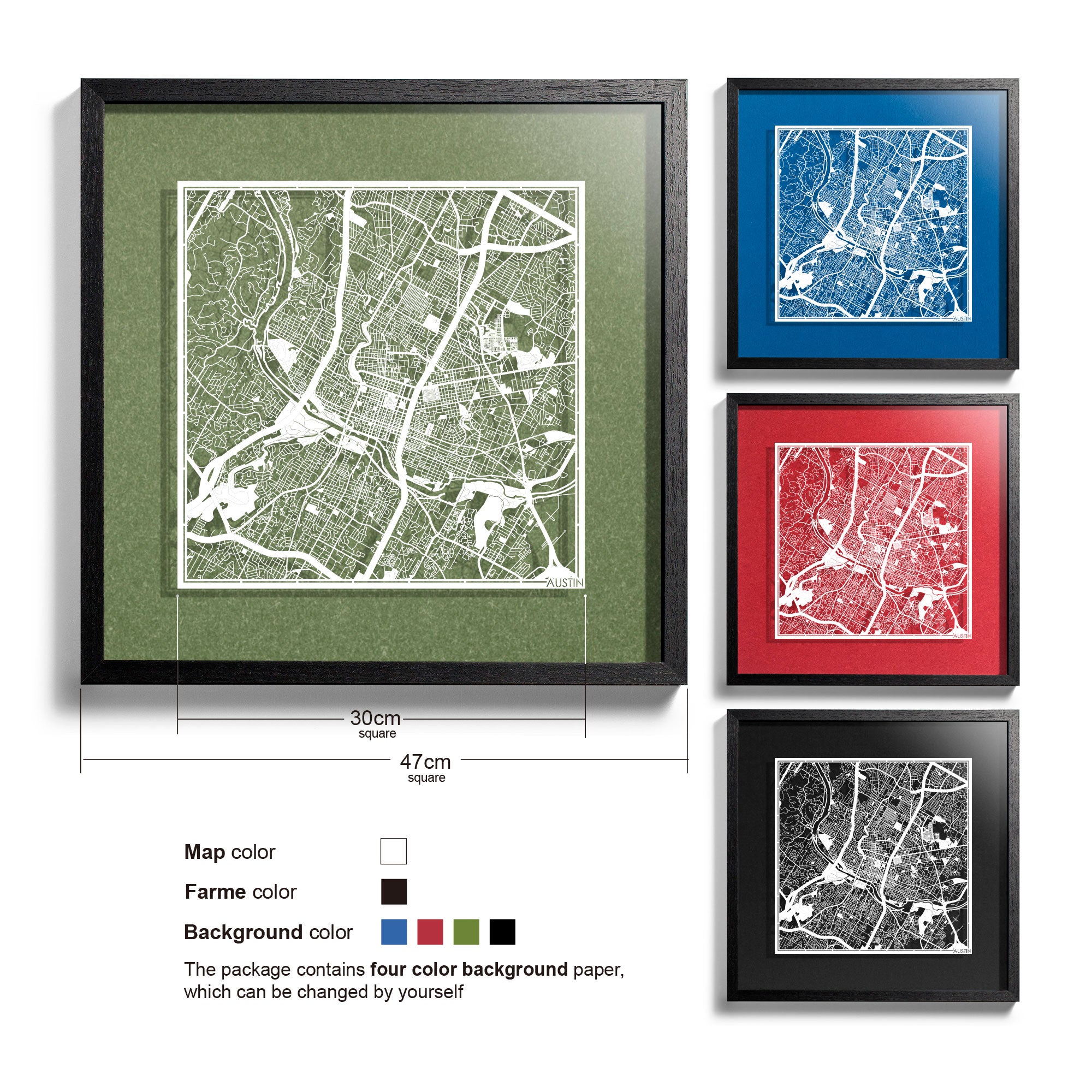 o3designstudio Austin-Paper-cut-map-framed-18-inch-White map / Black frame-45MF2026BW