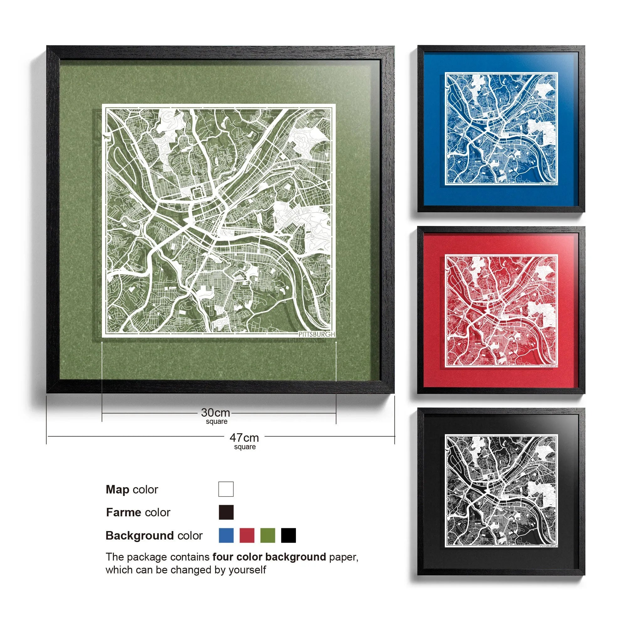 o3designstudio Pittsburgh-Paper-cut-map-framed-18-inch-45MF2028BW