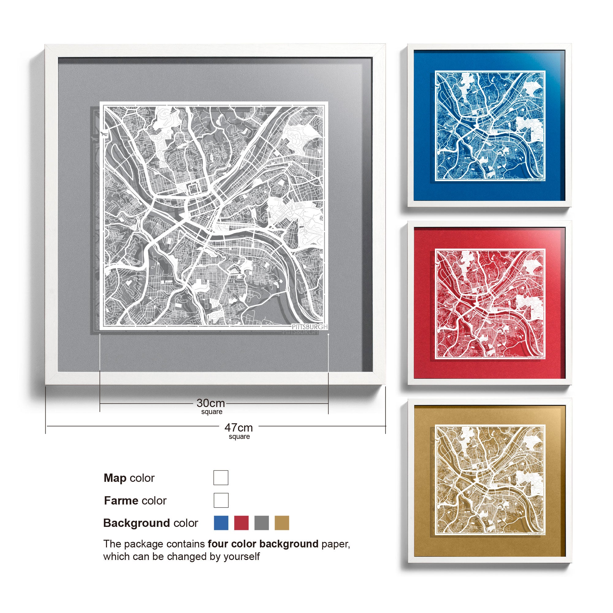 o3designstudio Pittsburgh-Paper-cut-map-framed-18-inch-45MF2028WW