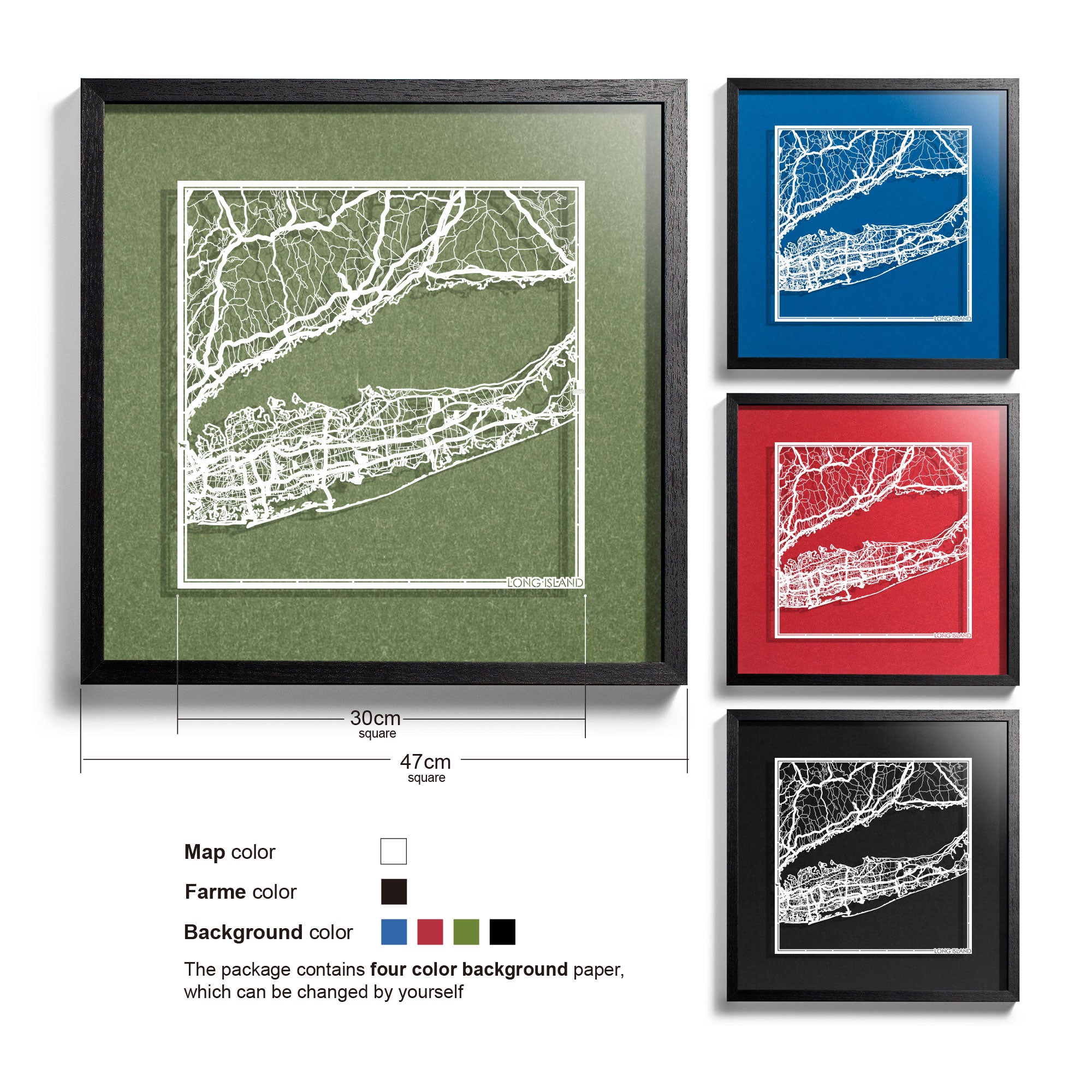 o3designstudio Long Island-Paper-cut-map-framed-18-inch-45MF2029BW