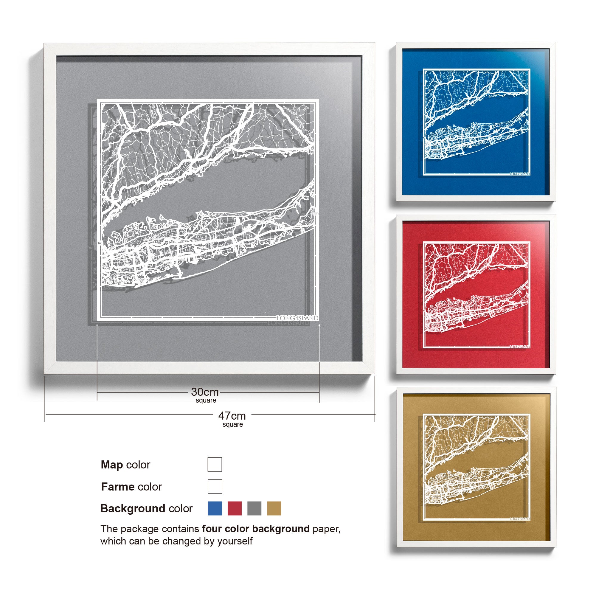o3designstudio Long Island-Paper-cut-map-framed-18-inch-45MF2029WW