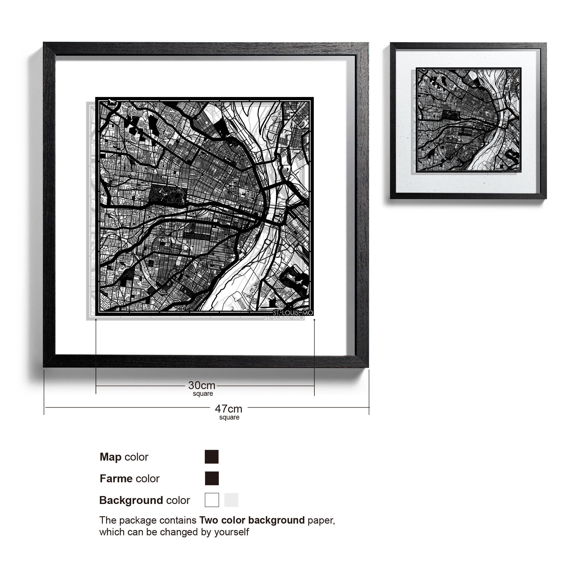o3designstudio St. Louis, MO-Paper-cut-map-framed-18-inch-Black map / Black frame-45MF2032BB