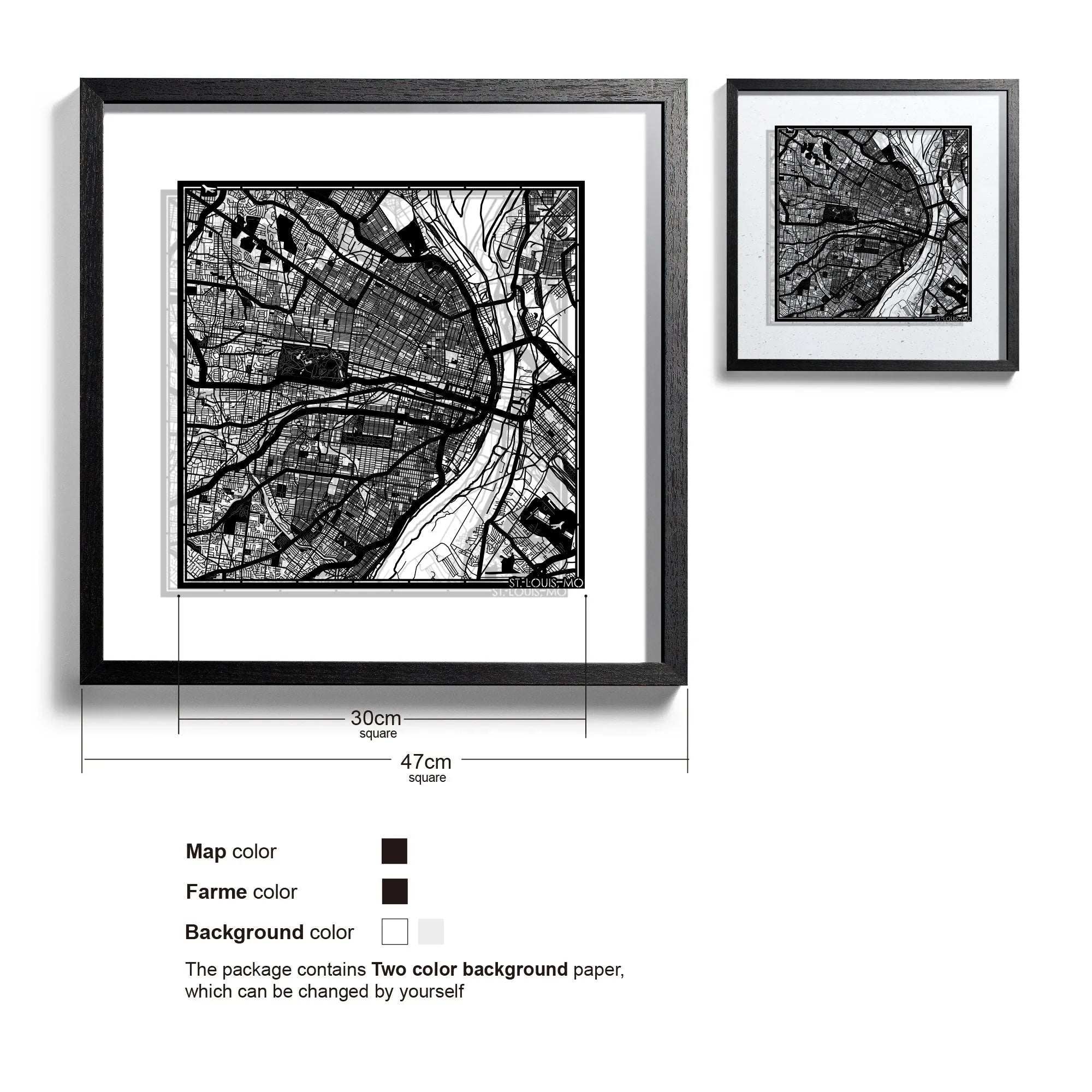 o3designstudio St. Louis, MO-Paper-cut-map-framed-18-inch-Black map / Black frame-45MF2032BB