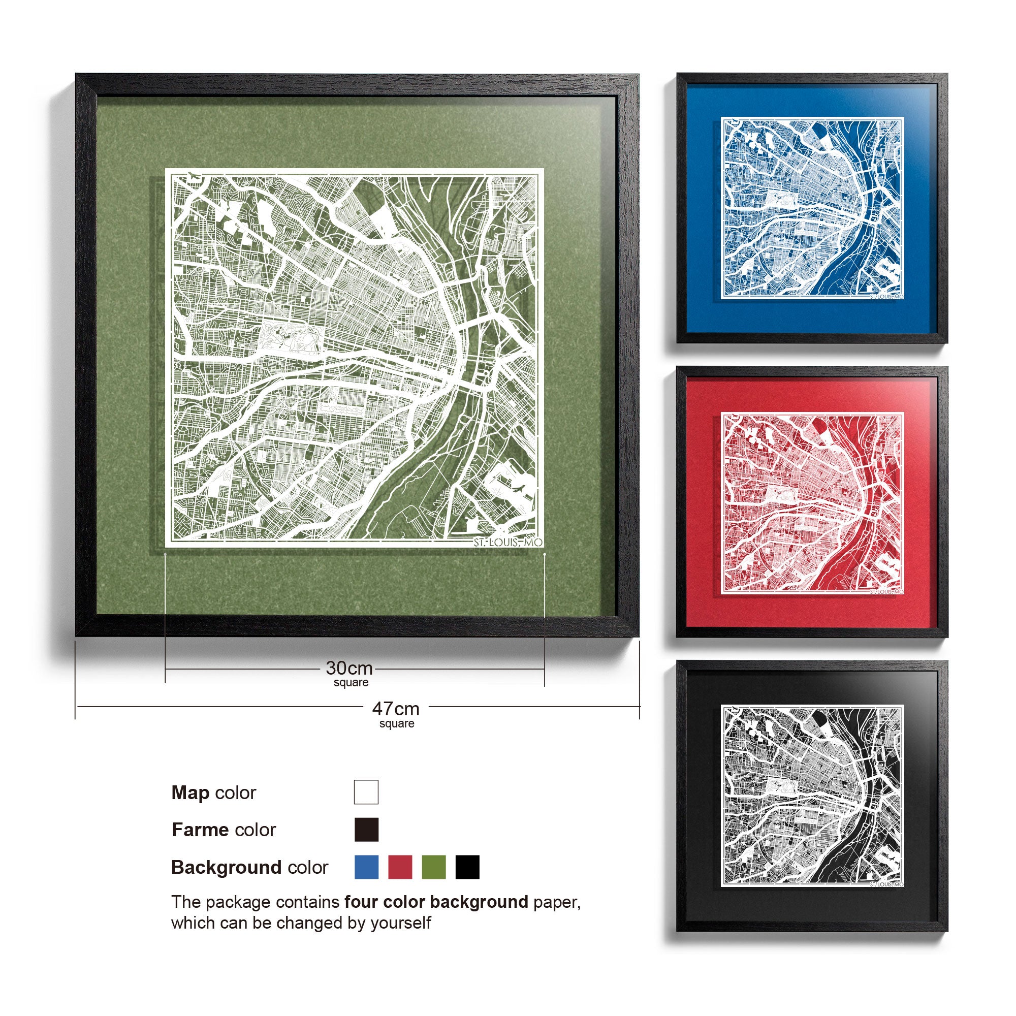 o3designstudio St. Louis, MO-Paper-cut-map-framed-18-inch-White map / Black frame-45MF2032BW