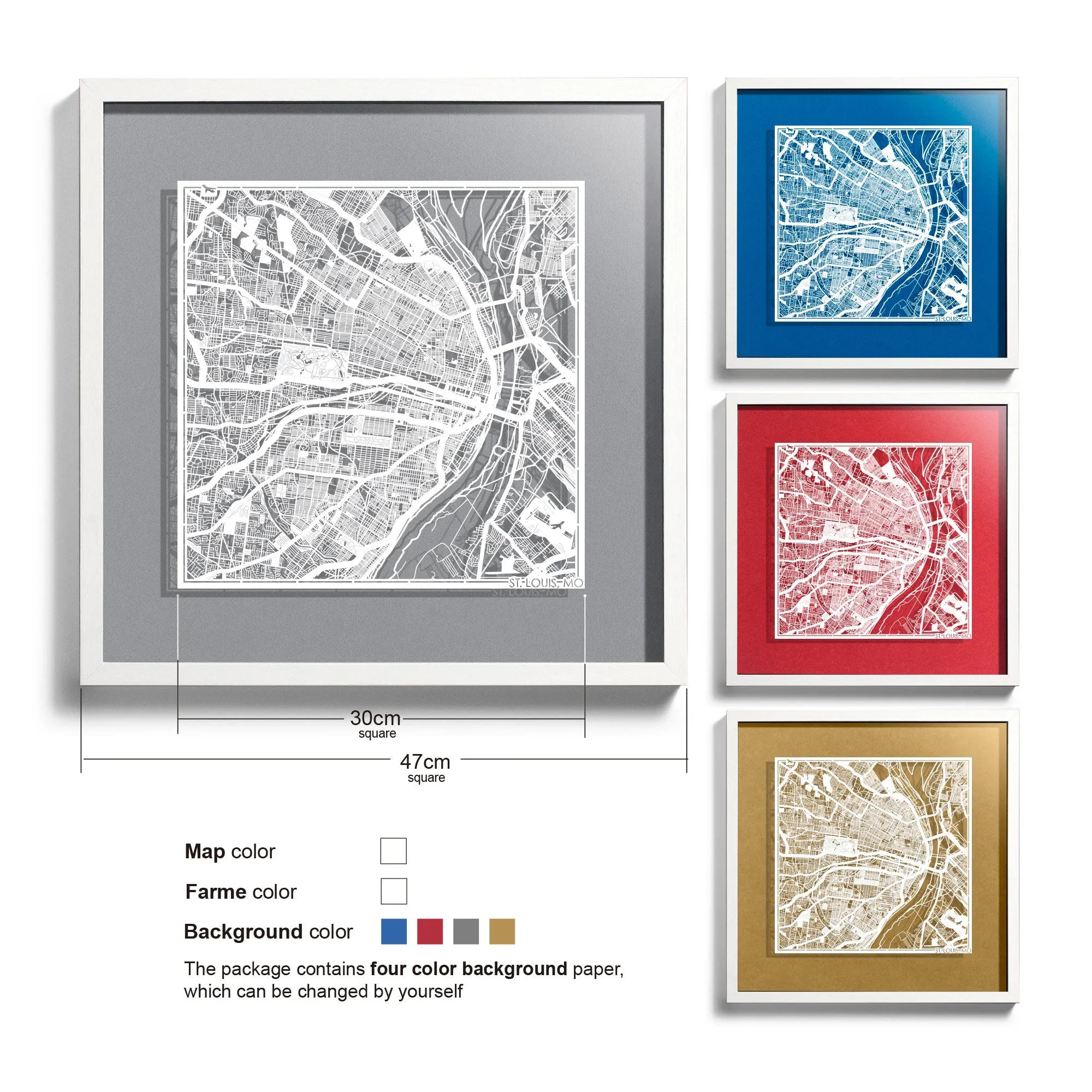 o3designstudio St. Louis, MO-Paper-cut-map-framed-18-inch-White map / White frame-45MF2032WW