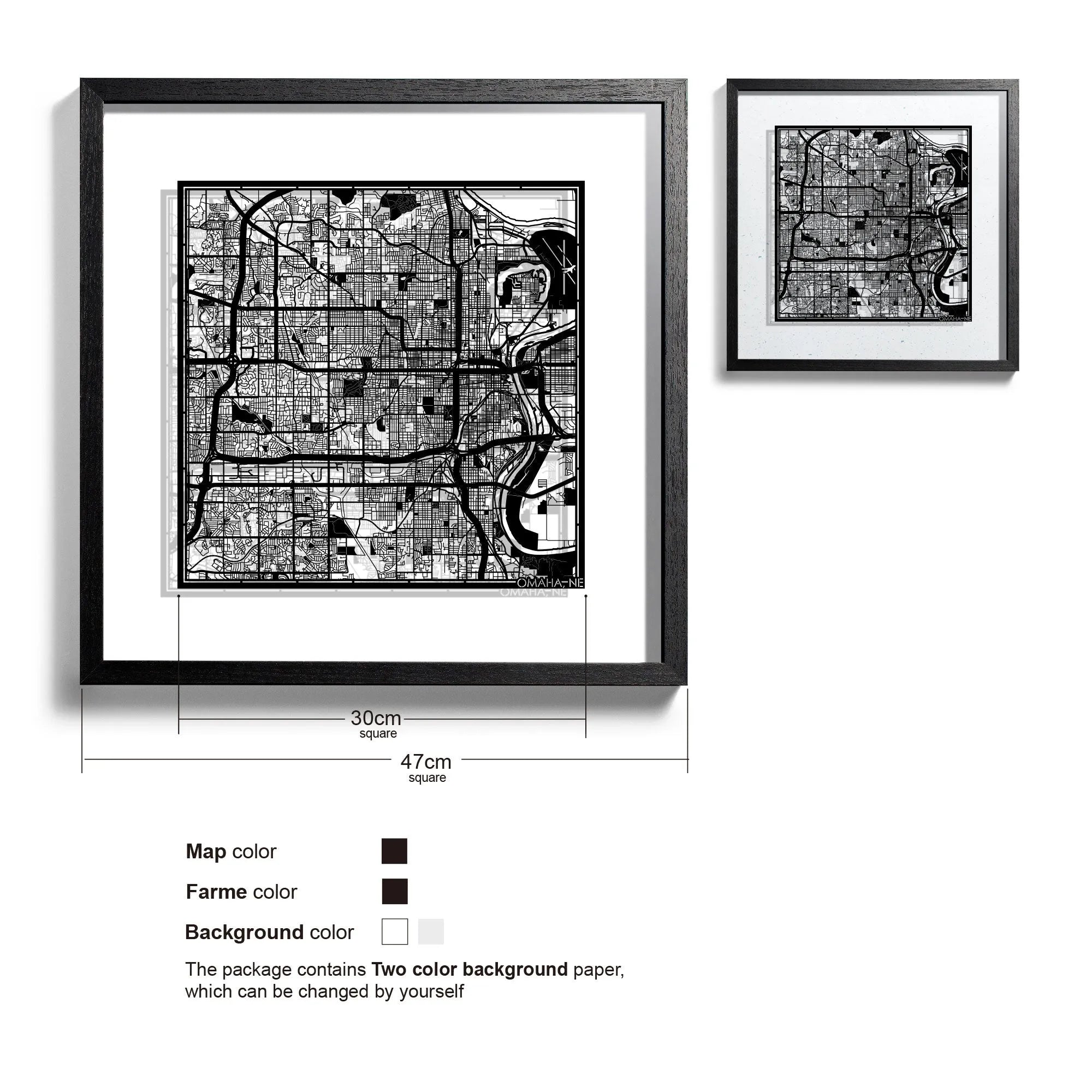 o3designstudio Omaha, NE-Paper-cut-map-framed-18-inch-Black map / Black frame-45MF2033BB