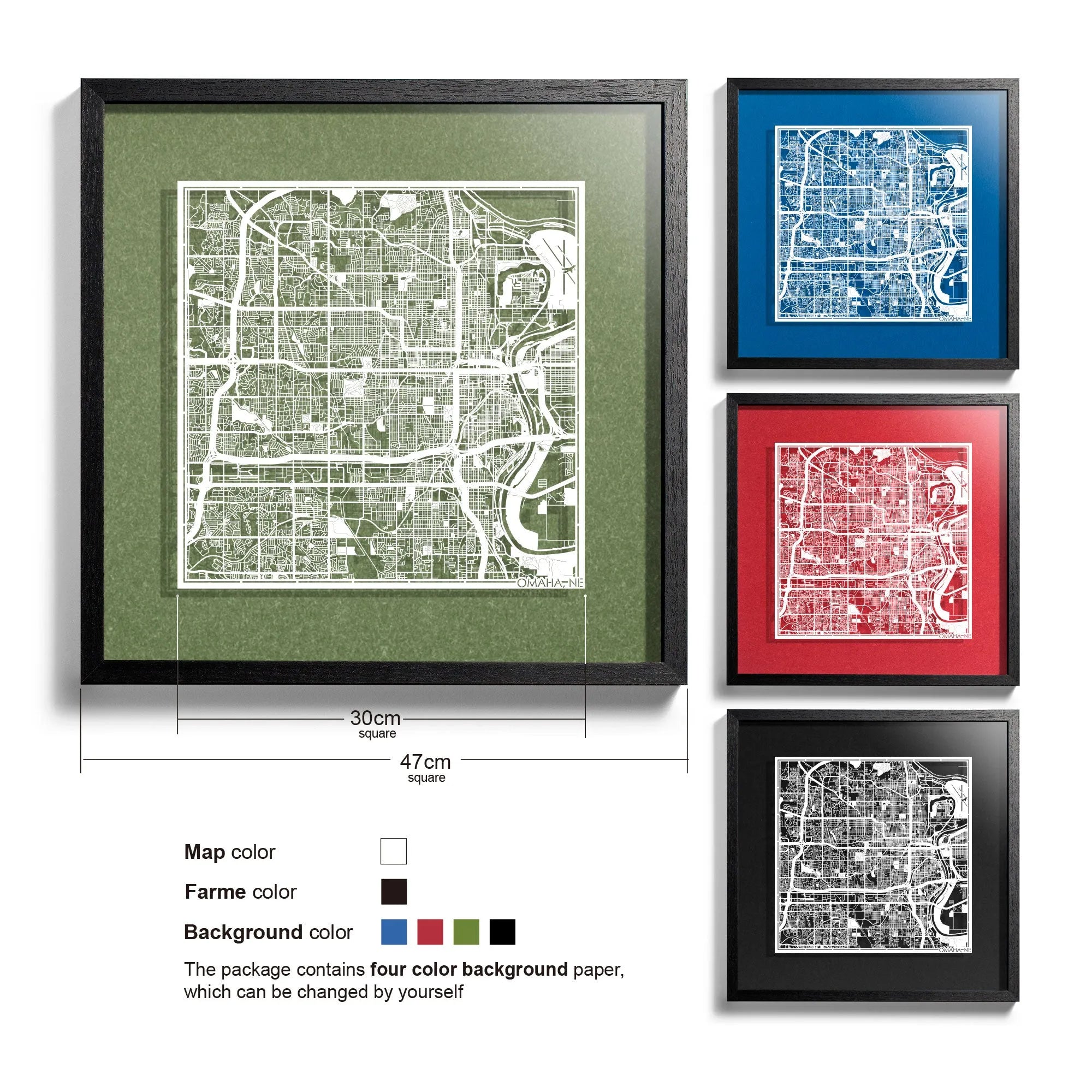 o3designstudio Omaha, NE-Paper-cut-map-framed-18-inch-White map / Black frame-45MF2033BW