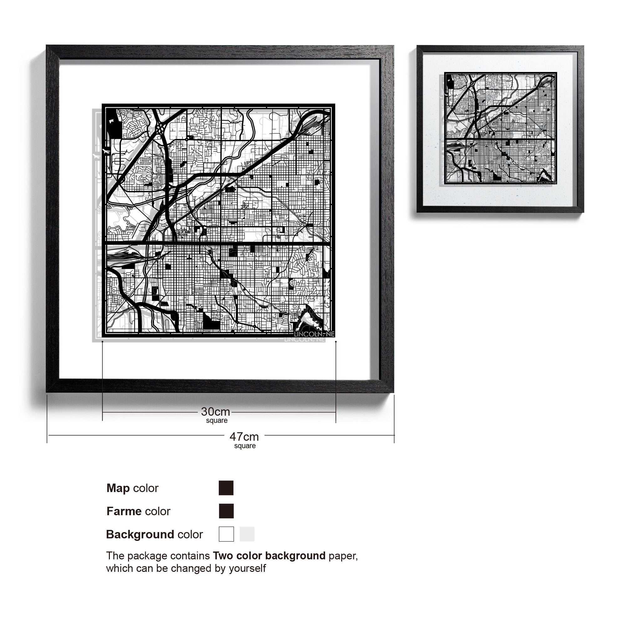 o3designstudio Lincoln, NE-Paper-cut-map-framed-18-inch-Black map / Black frame-45MF2034BB