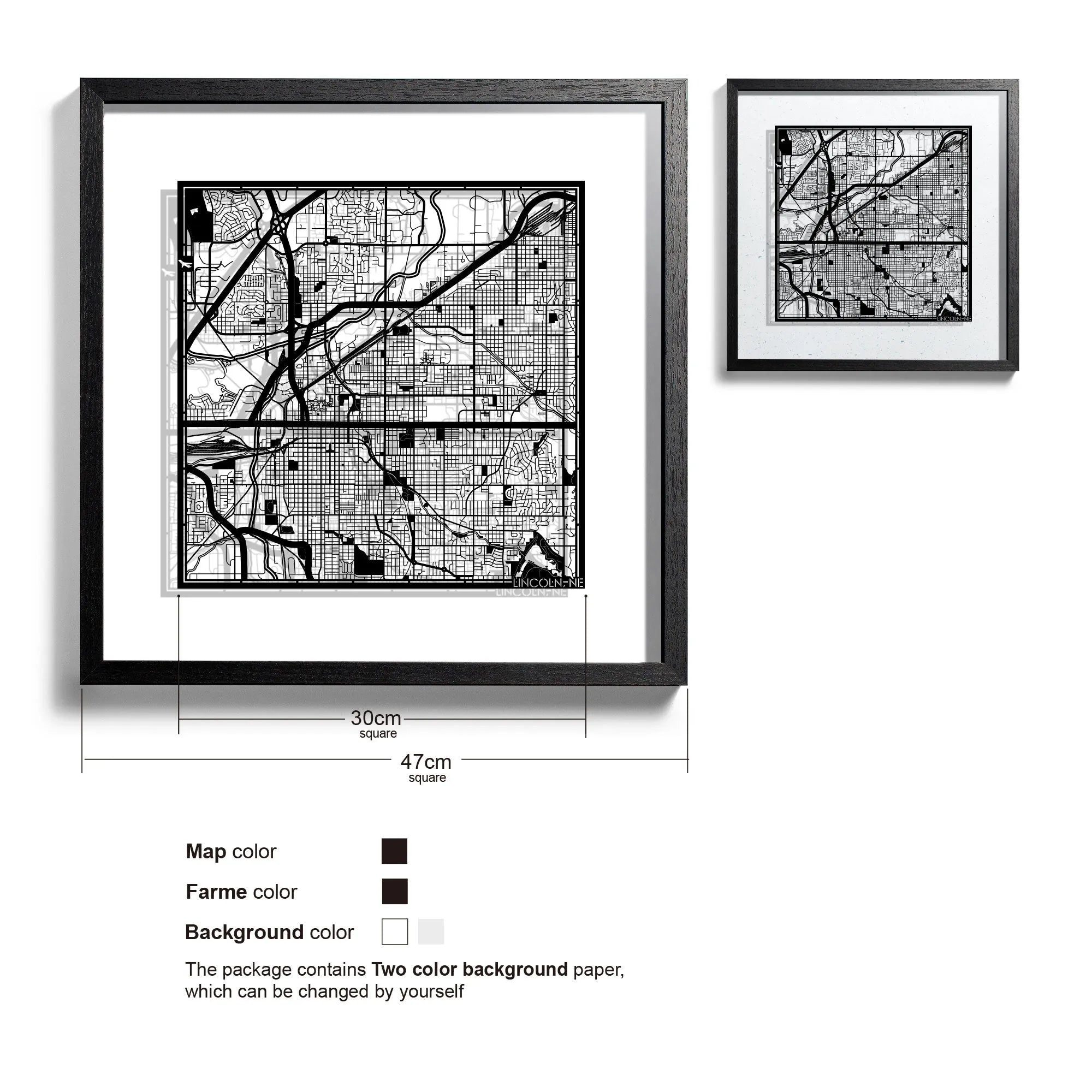 o3designstudio Lincoln, NE-Paper-cut-map-framed-18-inch-Black map / Black frame-45MF2034BB