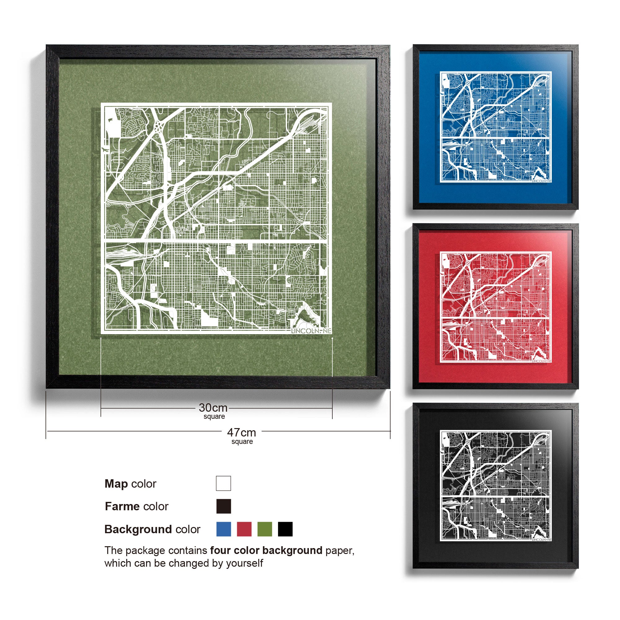 o3designstudio Lincoln, NE-Paper-cut-map-framed-18-inch-White map / Black frame-45MF2034BW