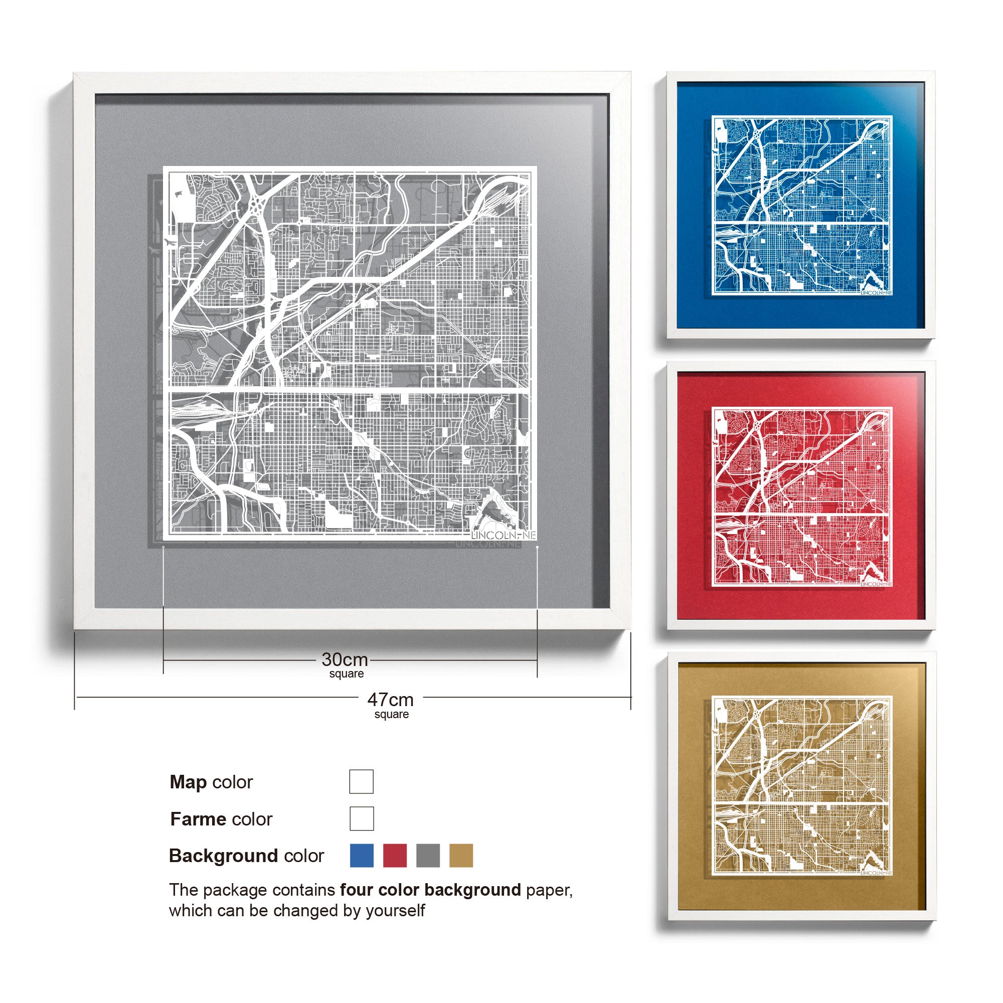 o3designstudio Lincoln, NE-Paper-cut-map-framed-18-inch-White map / White frame-45MF2034WW