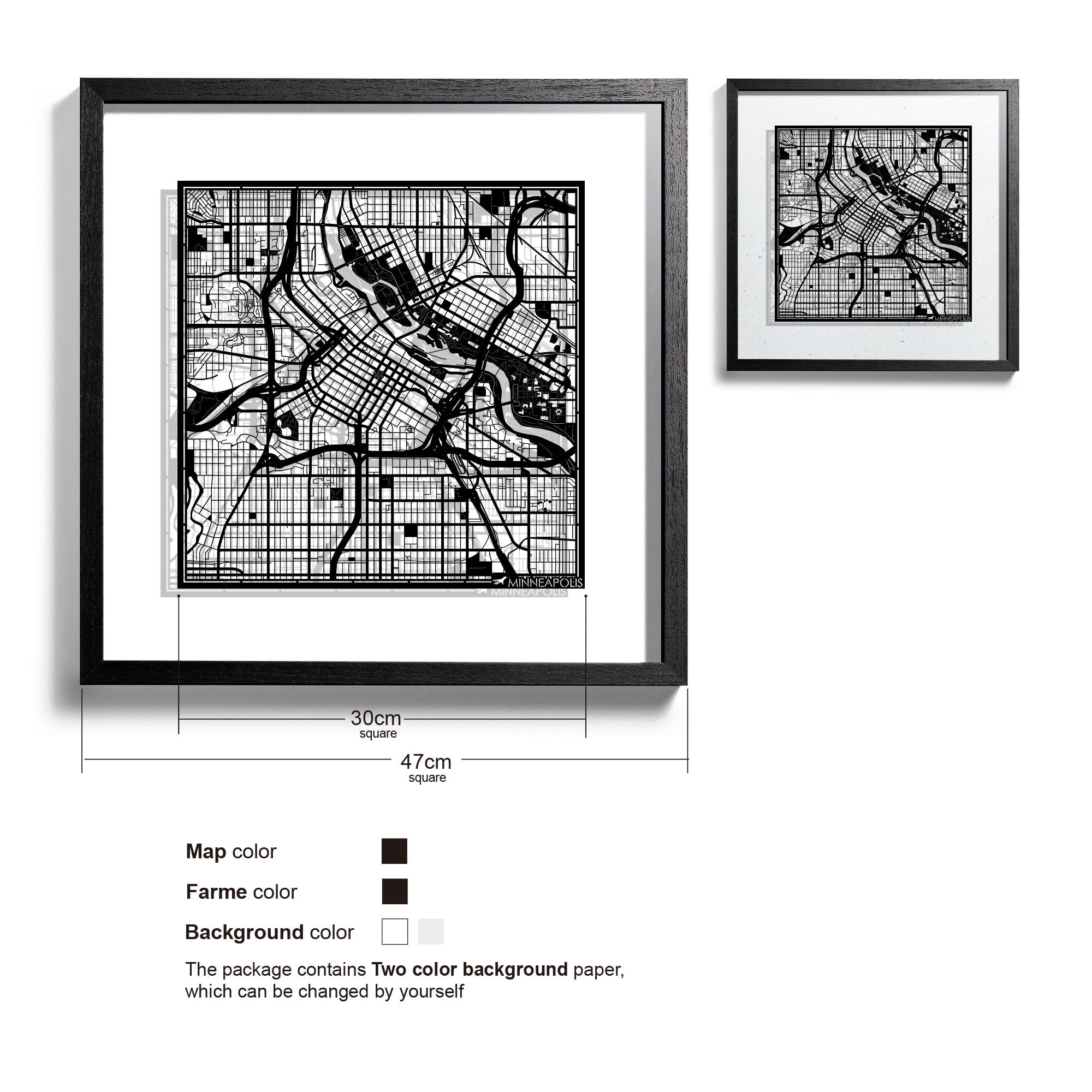 o3designstudio Minneapolis-Paper-cut-map-framed-18-inch-Black map / Black frame-45MF2035BB