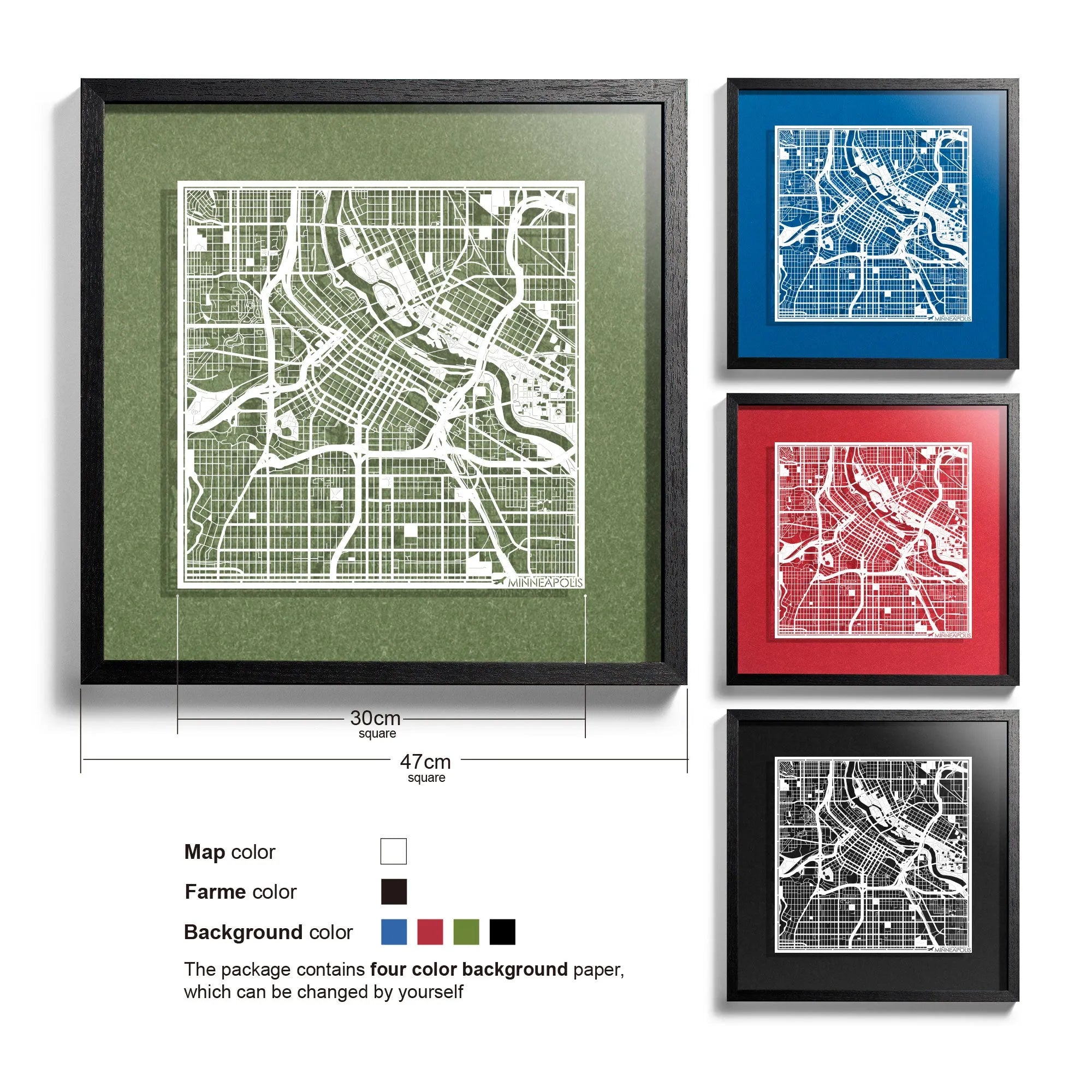 o3designstudio Minneapolis-Paper-cut-map-framed-18-inch-White map / Black frame-45MF2035BW