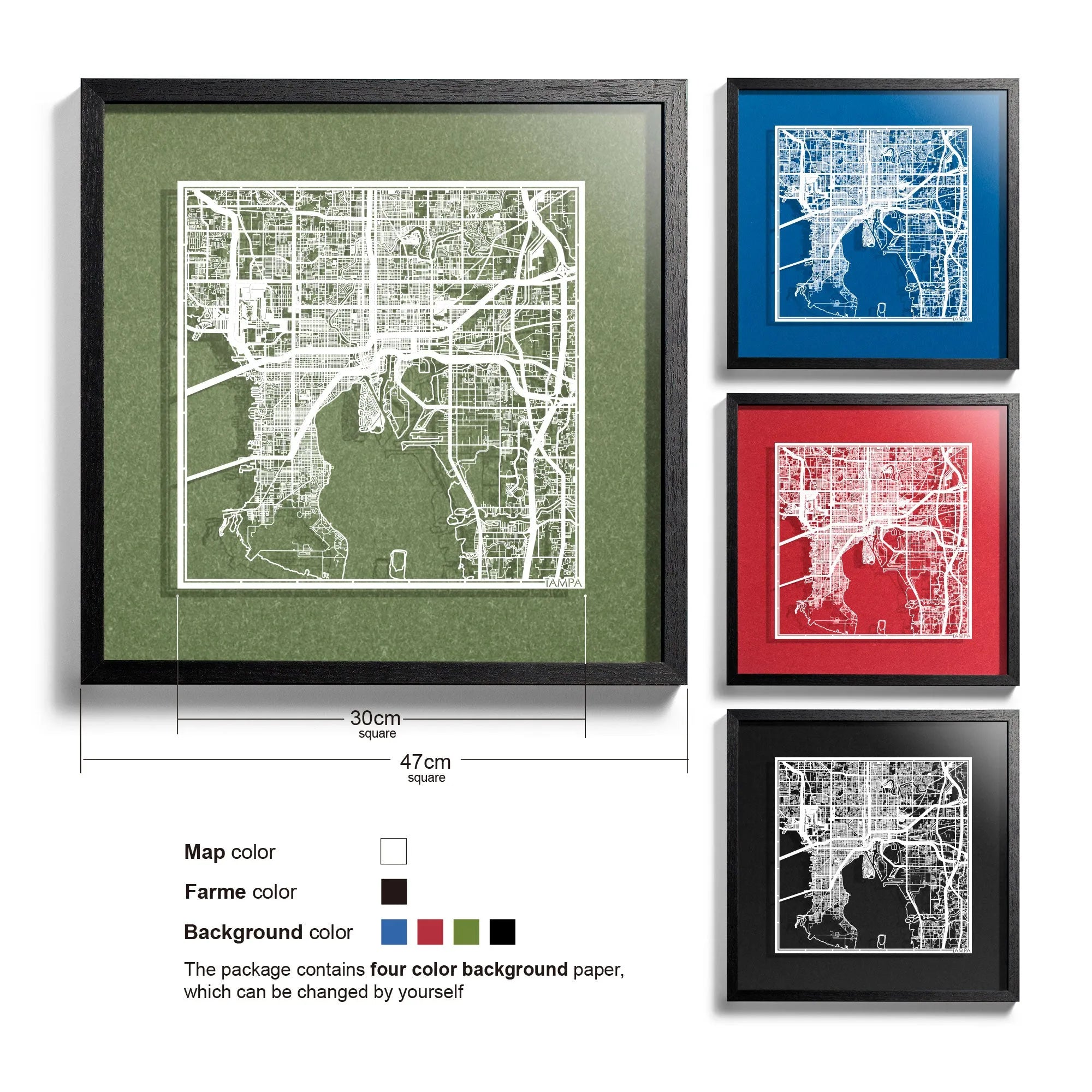 o3designstudio Tampa-Paper-cut-map-framed-18-inch-45MF2037BW