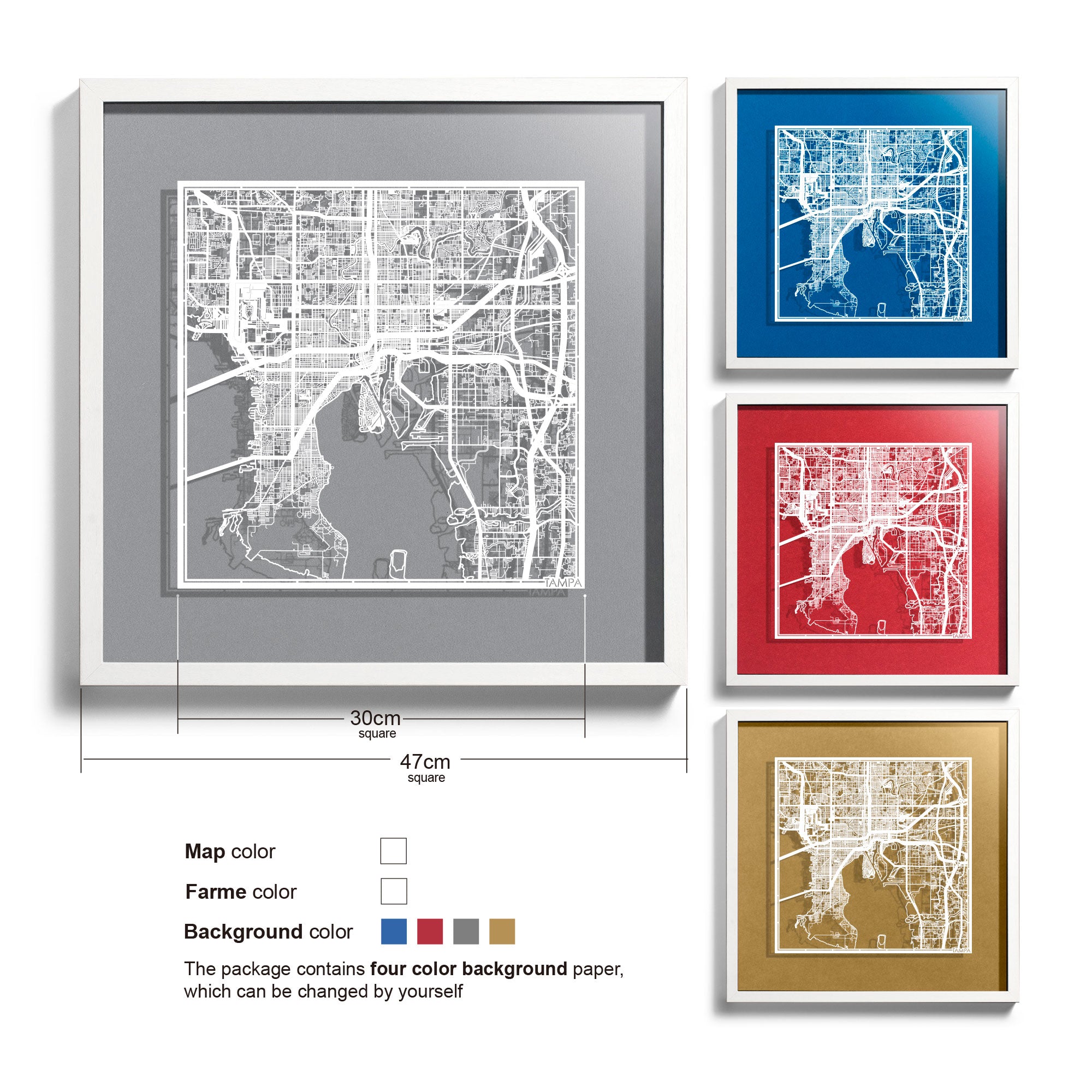 o3designstudio Tampa-Paper-cut-map-framed-18-inch-45MF2037WW
