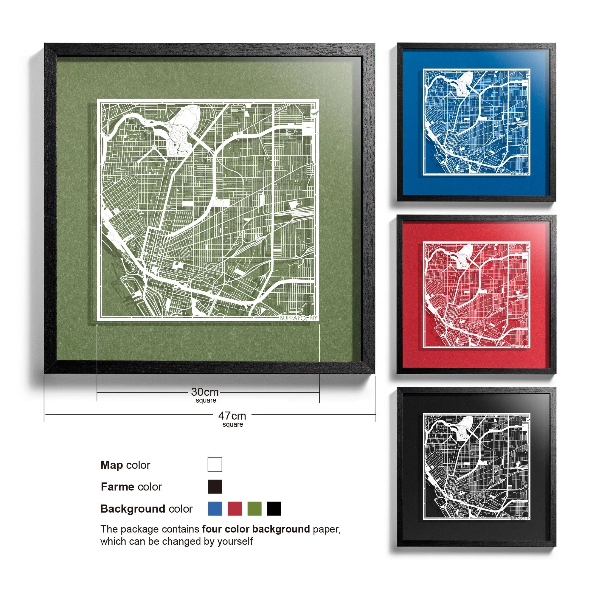 o3designstudio Buffalo, NY-Paper-cut-map-framed-18-inch-45MF2038BW