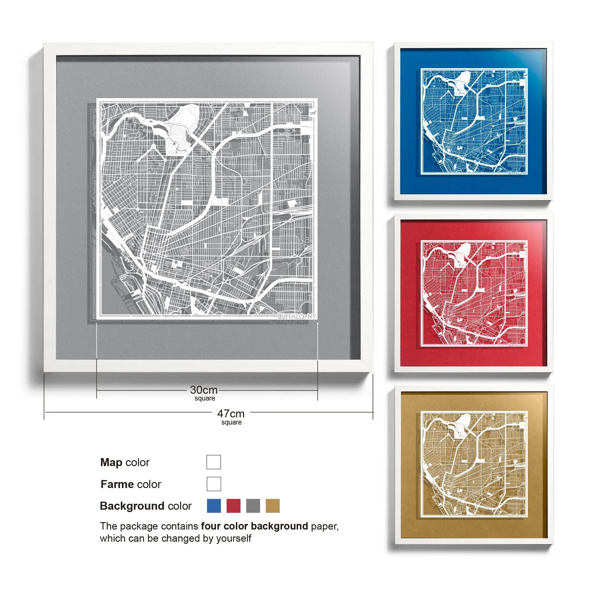 o3designstudio Buffalo, NY-Paper-cut-map-framed-18-inch-45MF2038WW